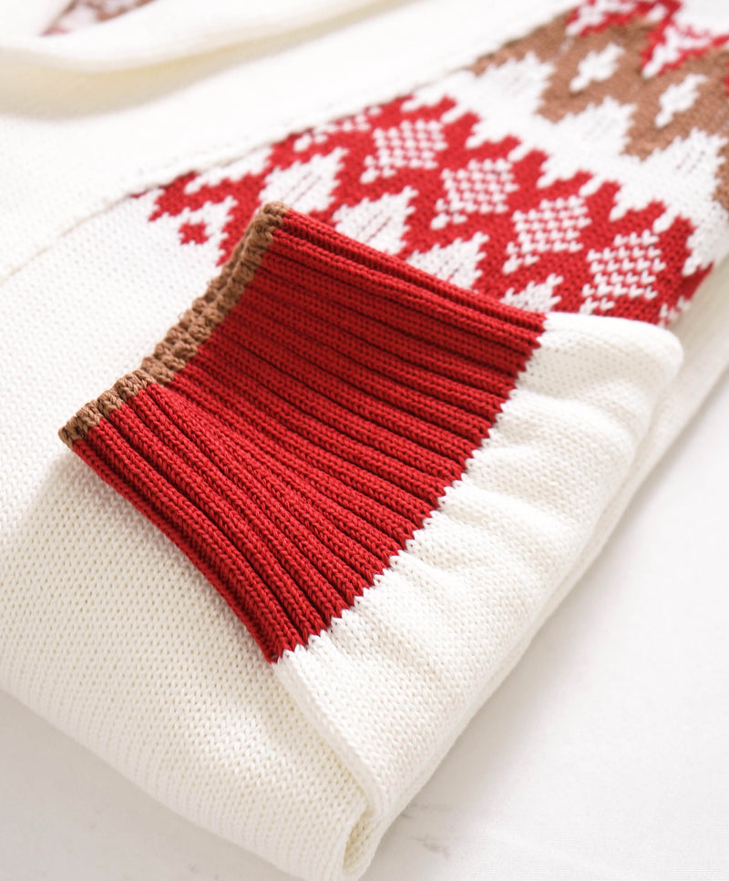 $745 ELEVENTY - Ivory/Red Cotton Shawl Collar Fair Isle Cardigan Sweater - M