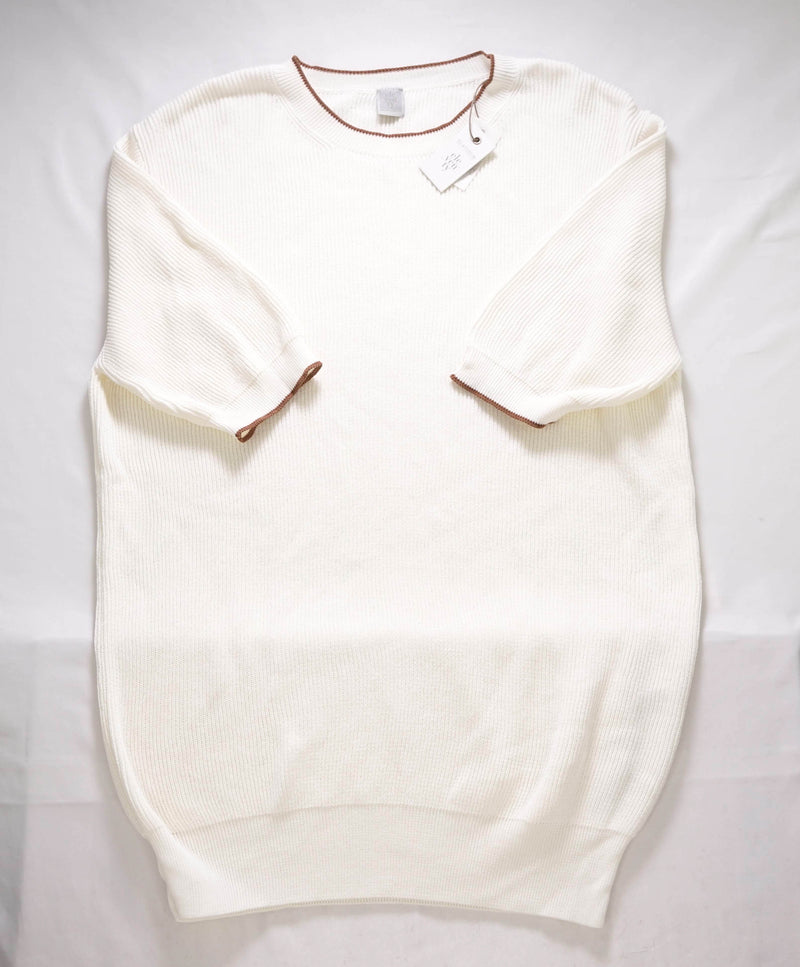 $395 ELEVENTY - Ivory/Brown Crewneck Premium Short Sleeve Sweater - M