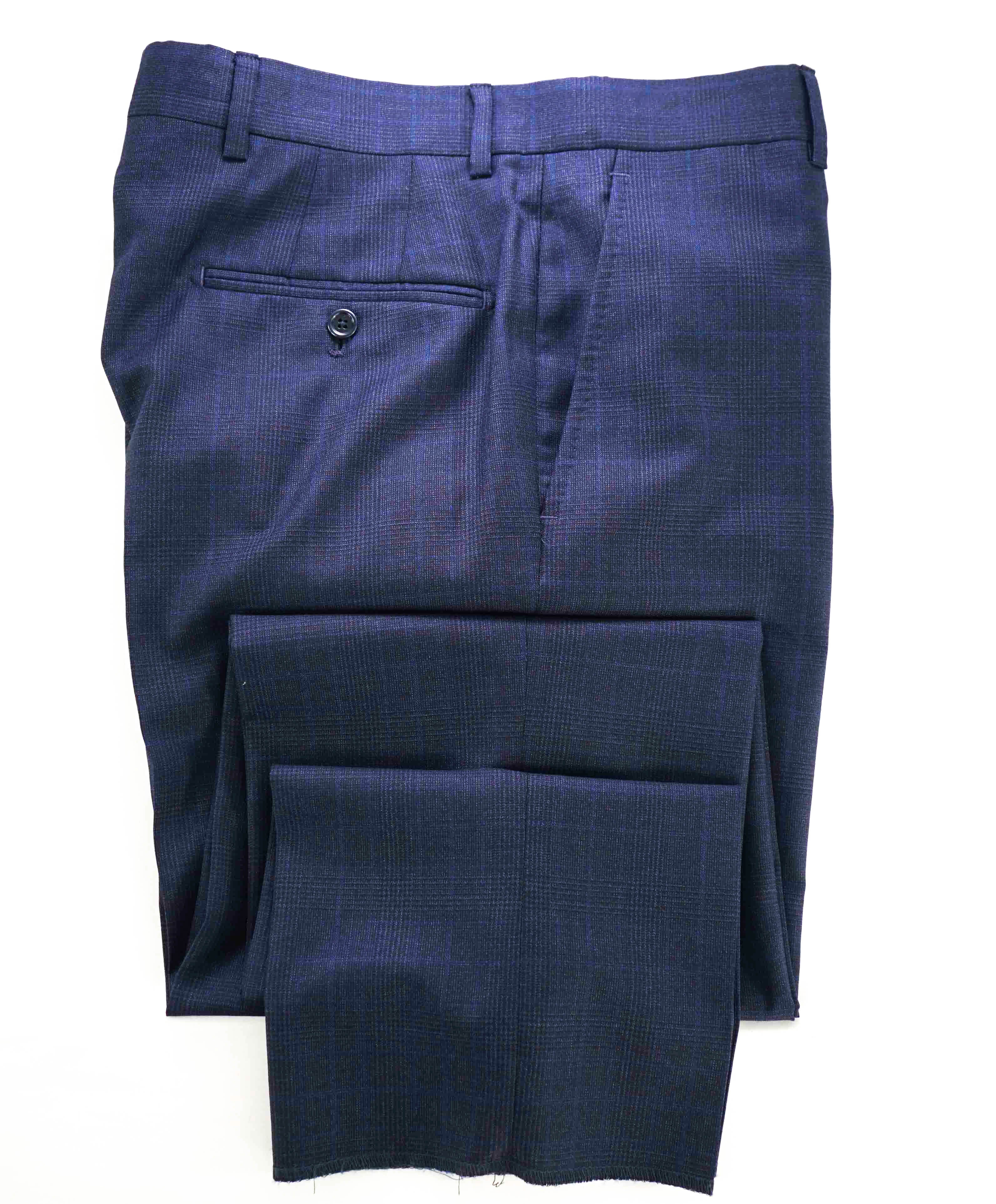 $398 SAKS FIFTH AVE - Blue Check Wool MADE IN ITALY Flat Front Dress Pants- 32W