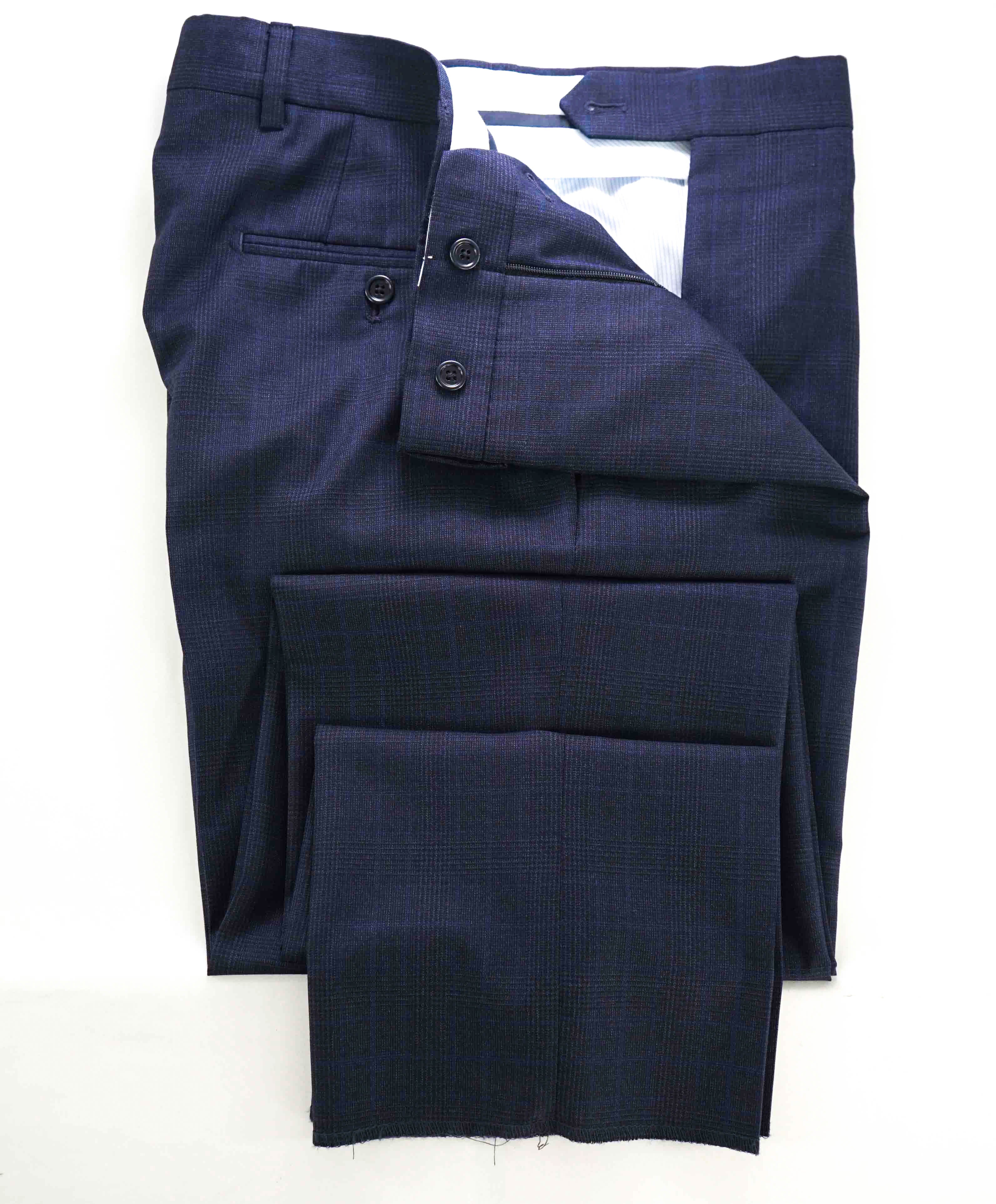 $398 SAKS FIFTH AVE - Blue Check Wool MADE IN ITALY Flat Front Dress Pants- 32W