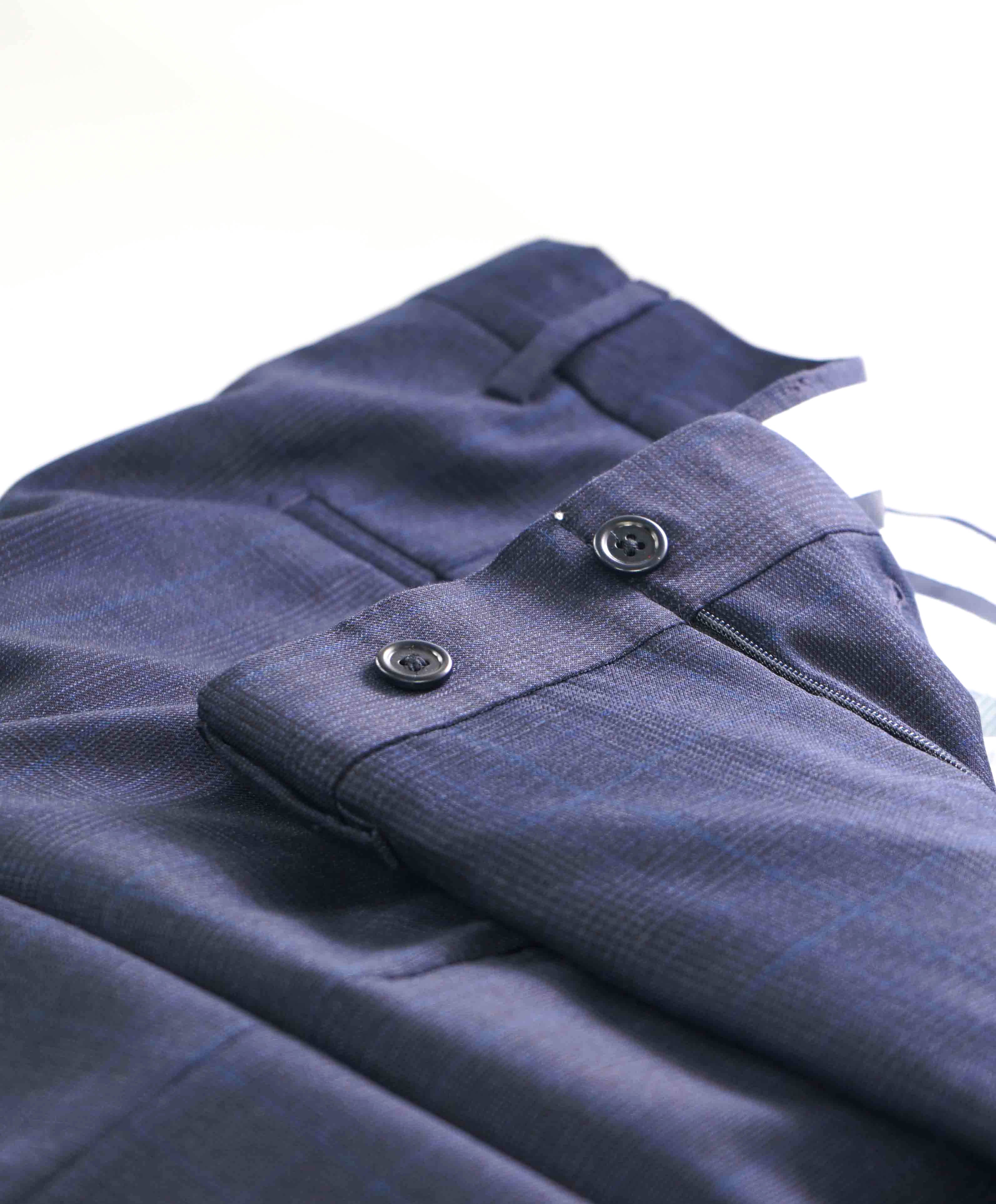 $398 SAKS FIFTH AVE - Blue Check Wool MADE IN ITALY Flat Front Dress Pants- 32W