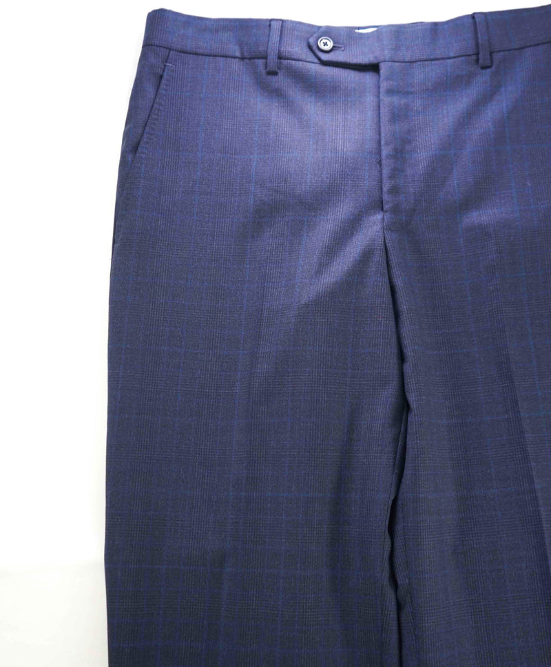 $398 SAKS FIFTH AVE - Blue Check Wool MADE IN ITALY Flat Front Dress Pants- 32W