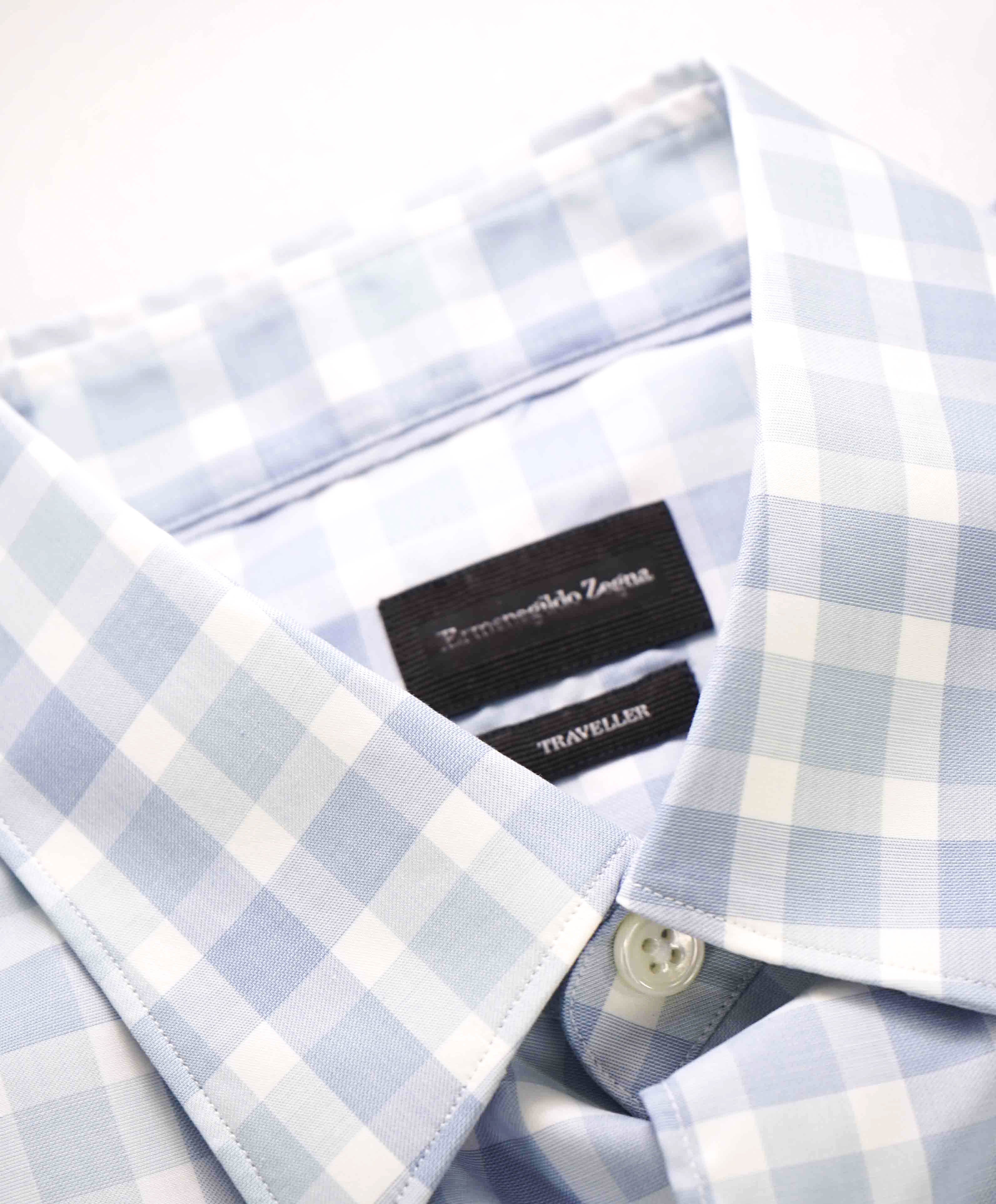 $550 ERMENEGILDO ZEGNA - Blue Check "TRAVELLER" Button Down Shirt - M