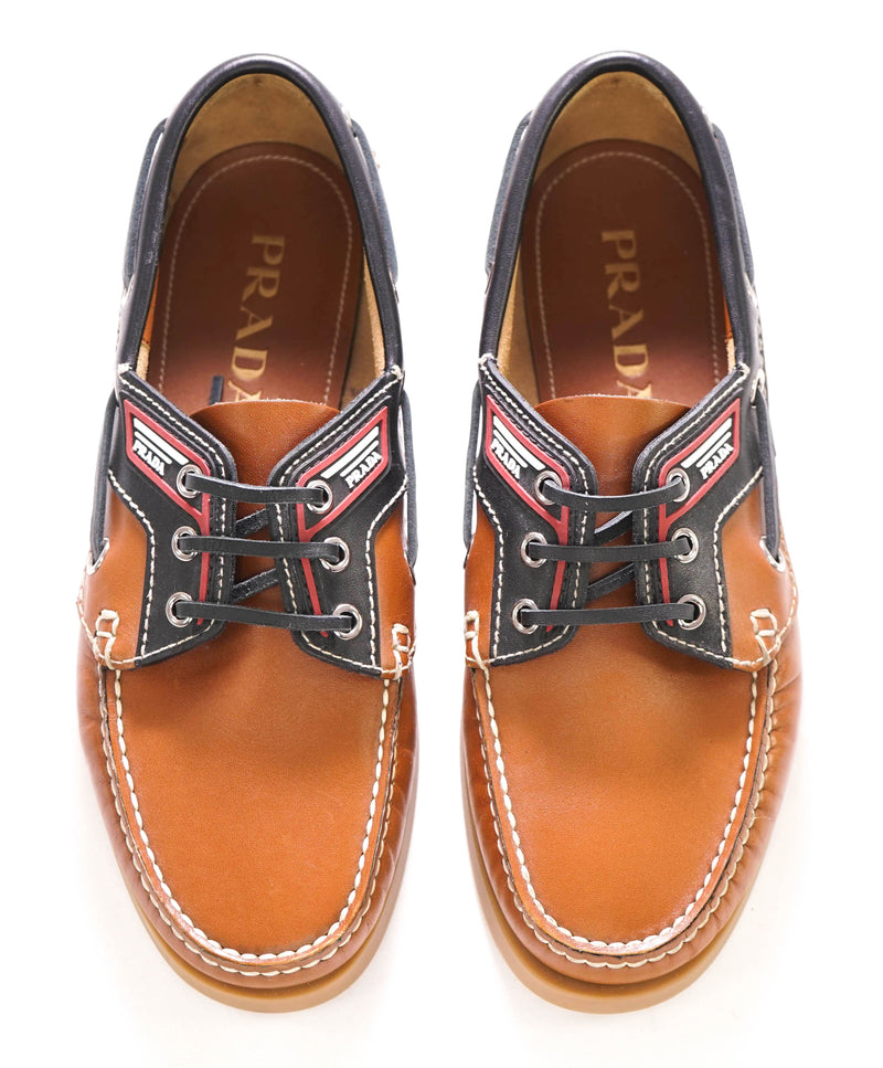 795 PRADA Camel Leather Logo Vamp Boat Shoe Loafer 6 US 5 Prada Luxe Hanger