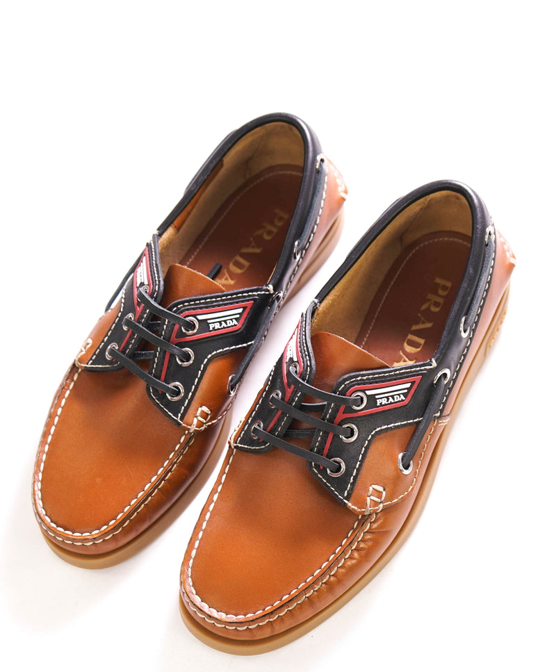 $795 PRADA - Camel Leather Logo Vamp Boat Shoe Loafer - 6 US (5 Prada)