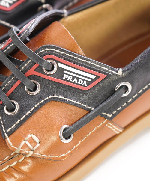 $795 PRADA - Camel Leather Logo Vamp Boat Shoe Loafer - 6 US (5 Prada)