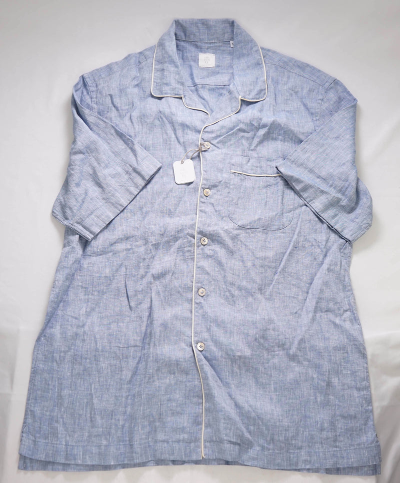 $495 ELEVENTY - Light Blue Tipped PURE LINEN Camp Collar Button Shirt - M