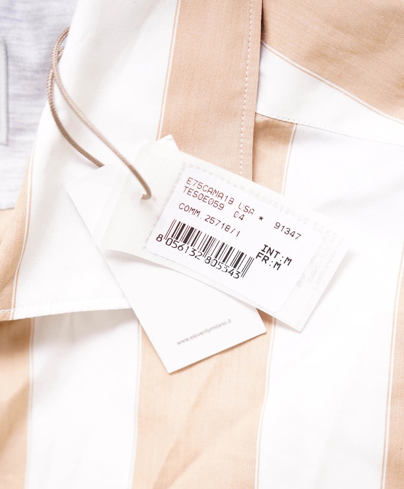 $345 ELEVENTY - Camel/White Cotton Broad Stripe Button Front Shirt - M