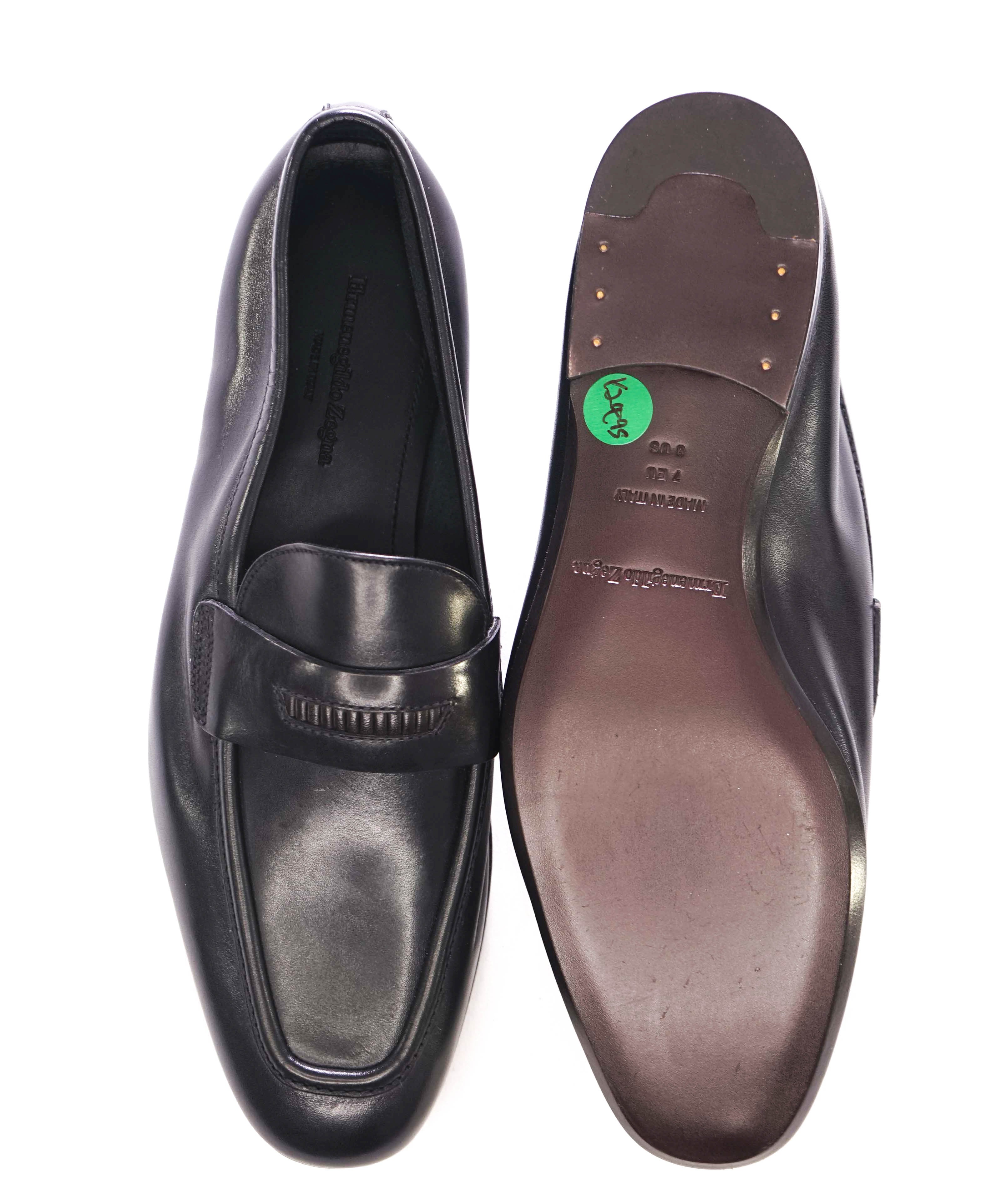 $960 ERMENEGILDO ZEGNA - Black Mock Penny Venetian Loafers - 8 US 7EU