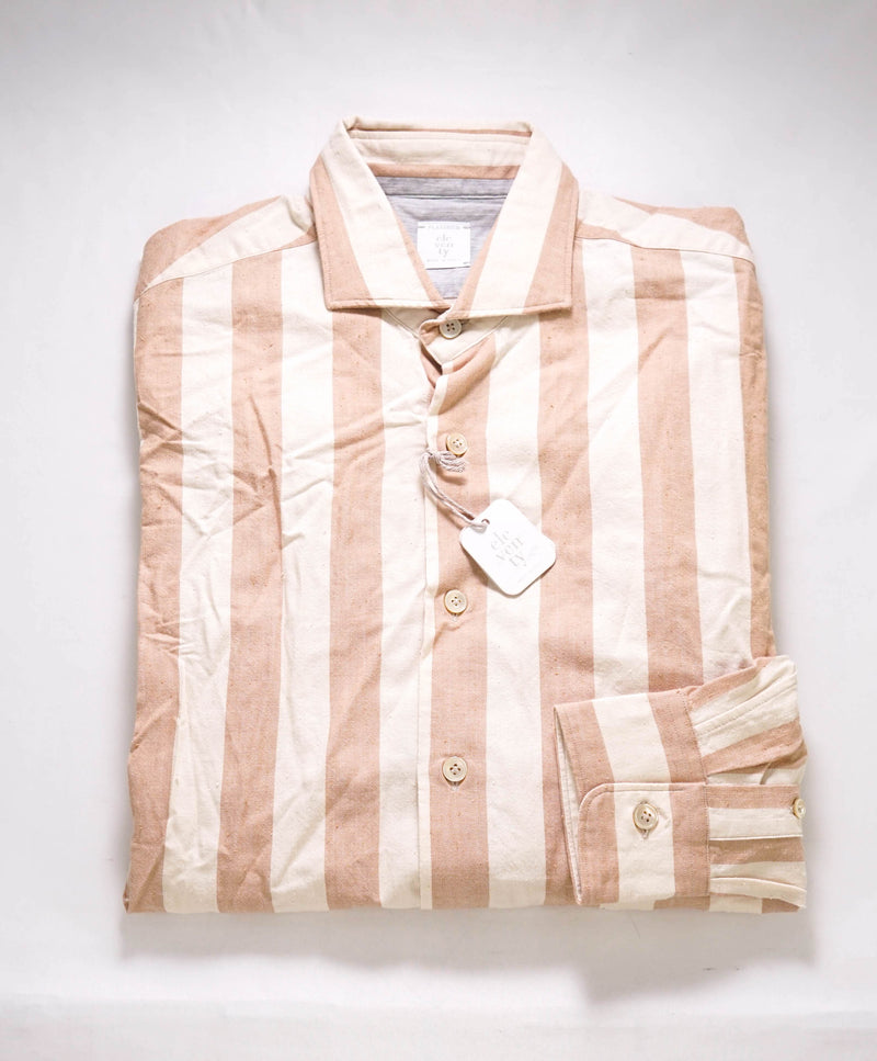 $495 ELEVENTY - Camel/Ivory Cotton Broad Stripe Button Front Shirt - M