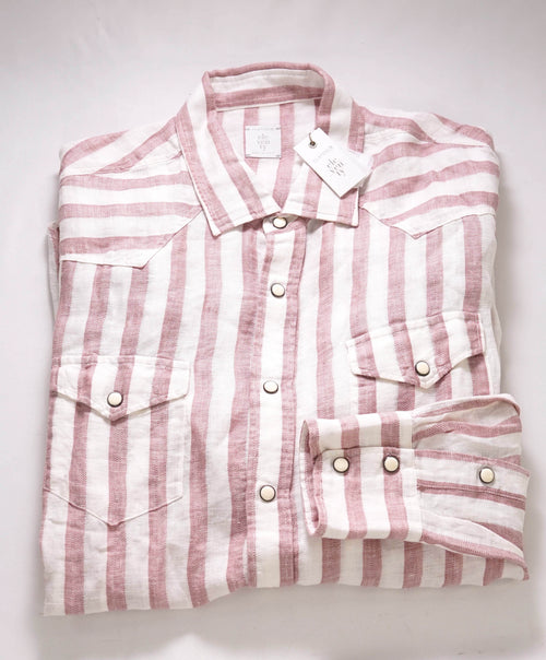 Copy of $395 ELEVENTY - Red/Pink White LINEN Broad Stripe SNAP Front Shirt - L