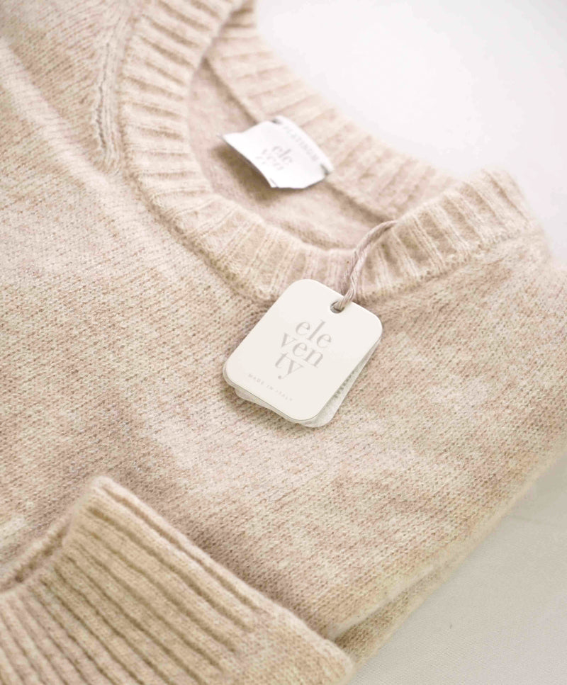 $1,095 ELEVENTY - CASHMERE & SILK Neutral Text Crewneck Sweater - M