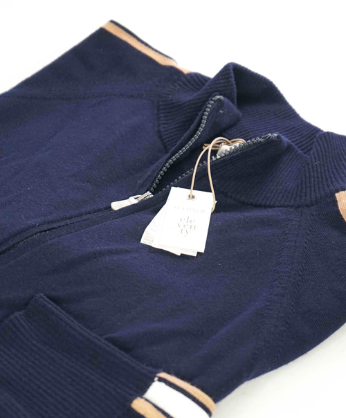 $1,245 ELEVENTY - WOOL *FULL ZIP* Track Stripe Blue/Ivory/Beige Sweater - XL