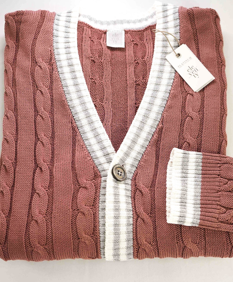 $795 ELEVENTY - Pastel Pink Cotton Cable Knit Tipped Cardigan Sweater- XXL