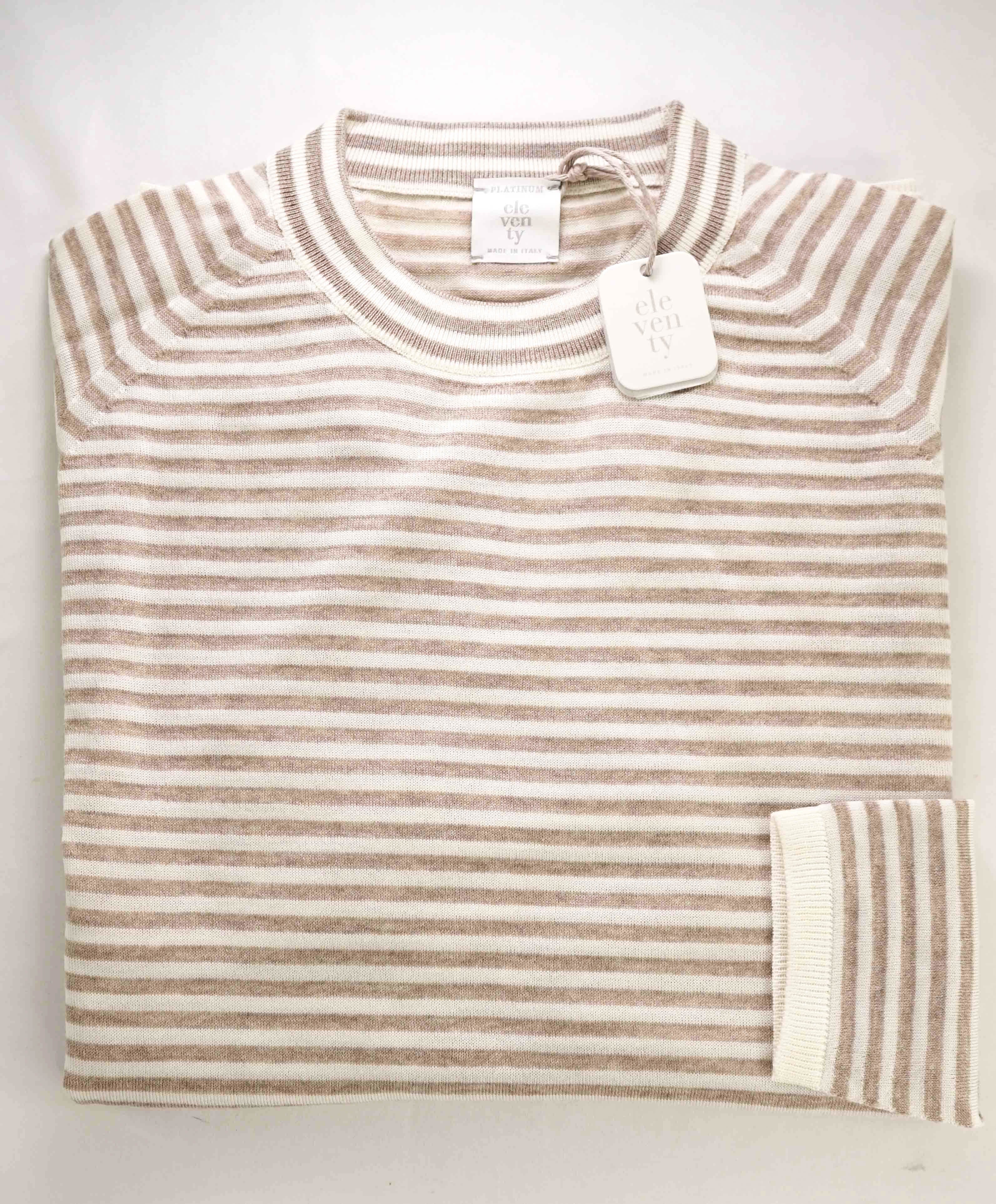 $875 ELEVENTY - Ivory / Camel Nautical Stripe High Crewneck Wool Sweater - M