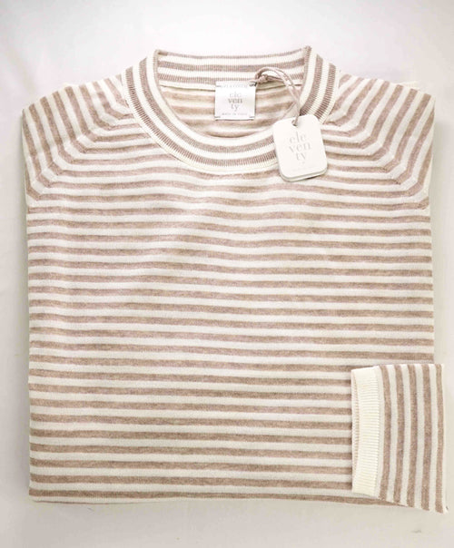 $875 ELEVENTY - Ivory / Camel Nautical Stripe High Crewneck Wool Sweater - M