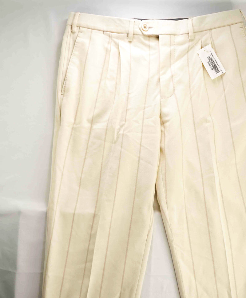 $2,545 ELEVENTY - Ivory / Camel Chalk Stripe WOOL Cuffed Dress Pants - 33W