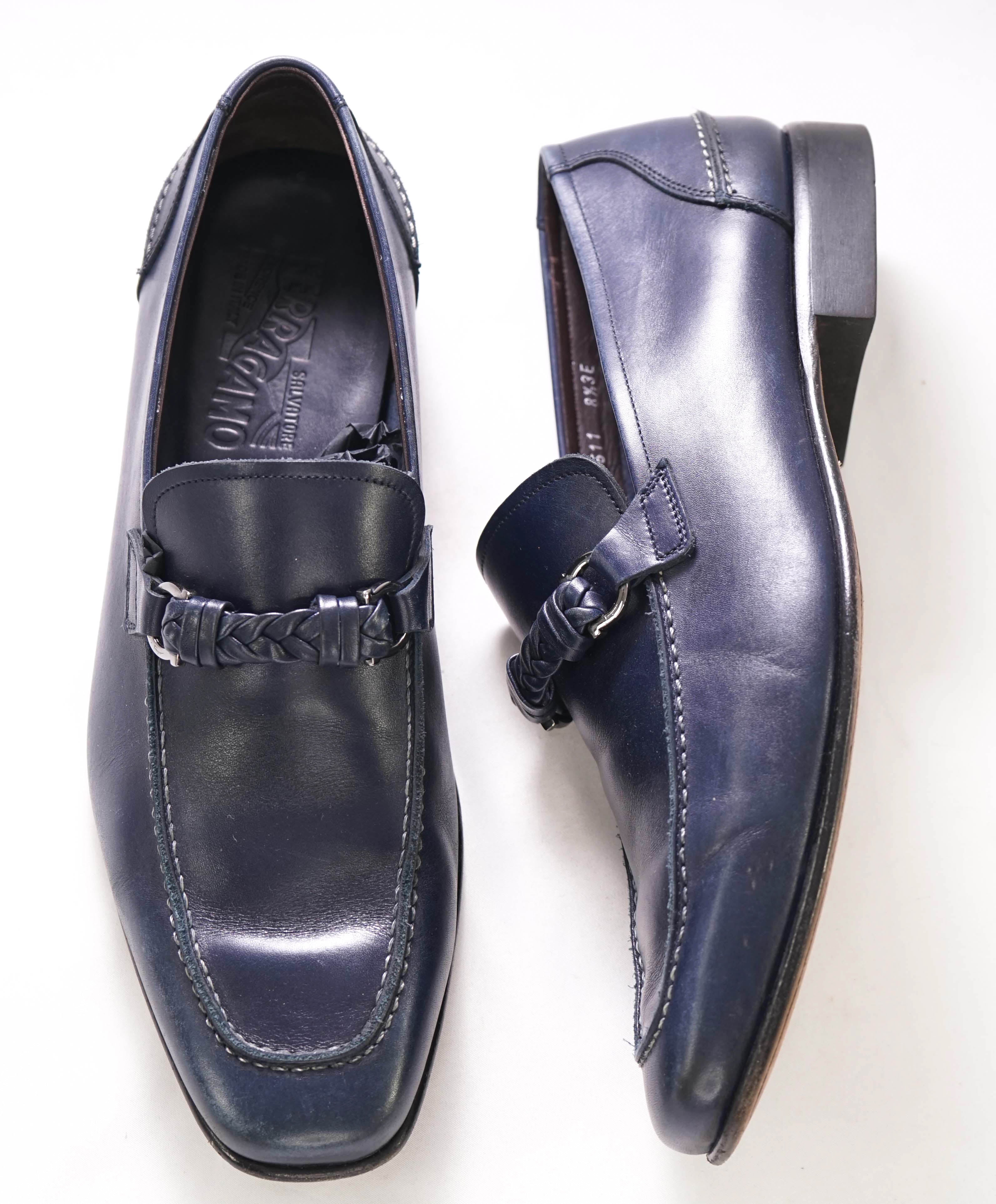 $860 SALVATORE FERRAGAMO -  "Nelli" Blue Braided Gancini Bit Loafer - 8.5 US