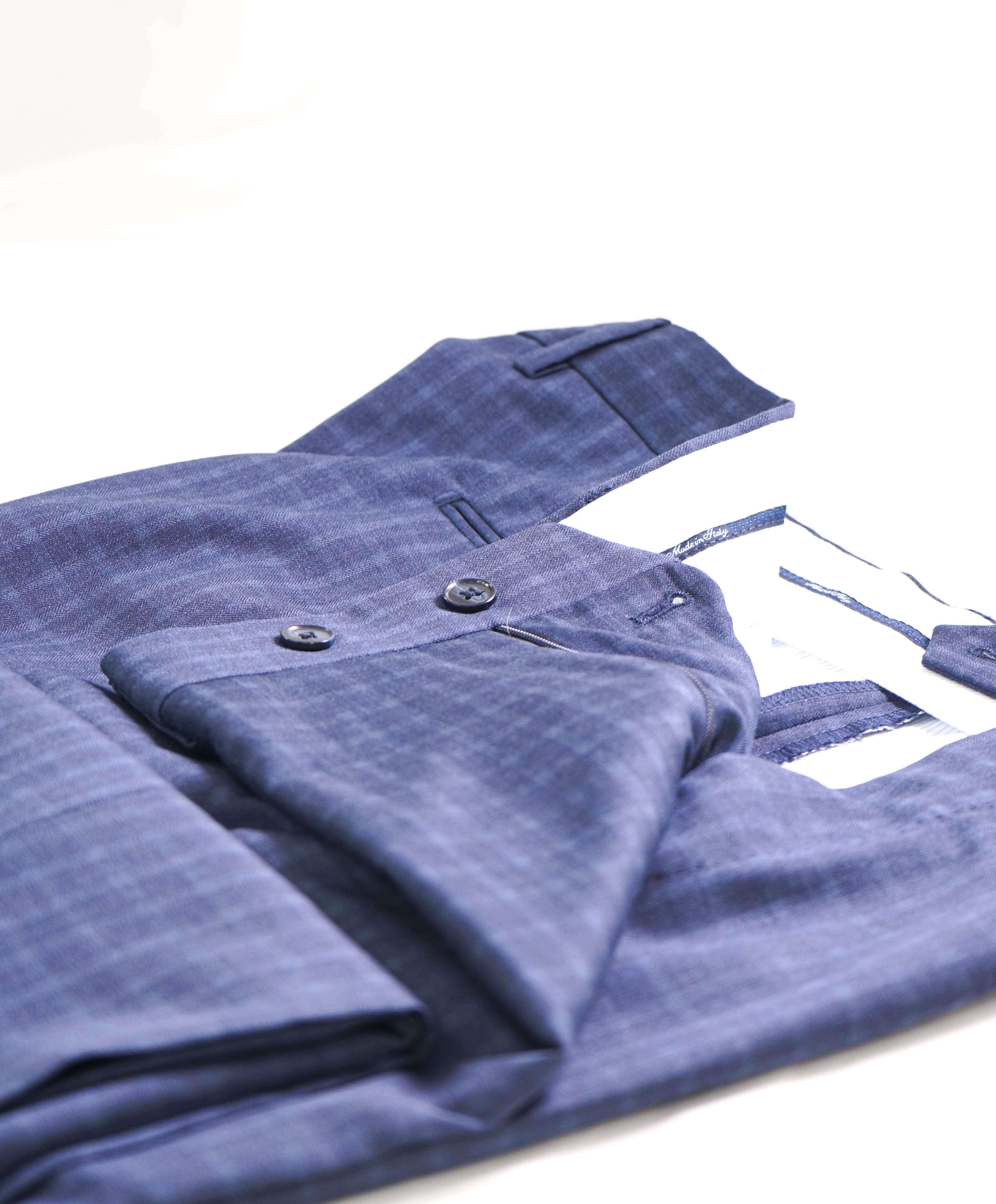 SAKS FIFTH AVE - Blue "MODERN" Check WOOL MADE IN ITALY Flat Front Dress Pants - 36W