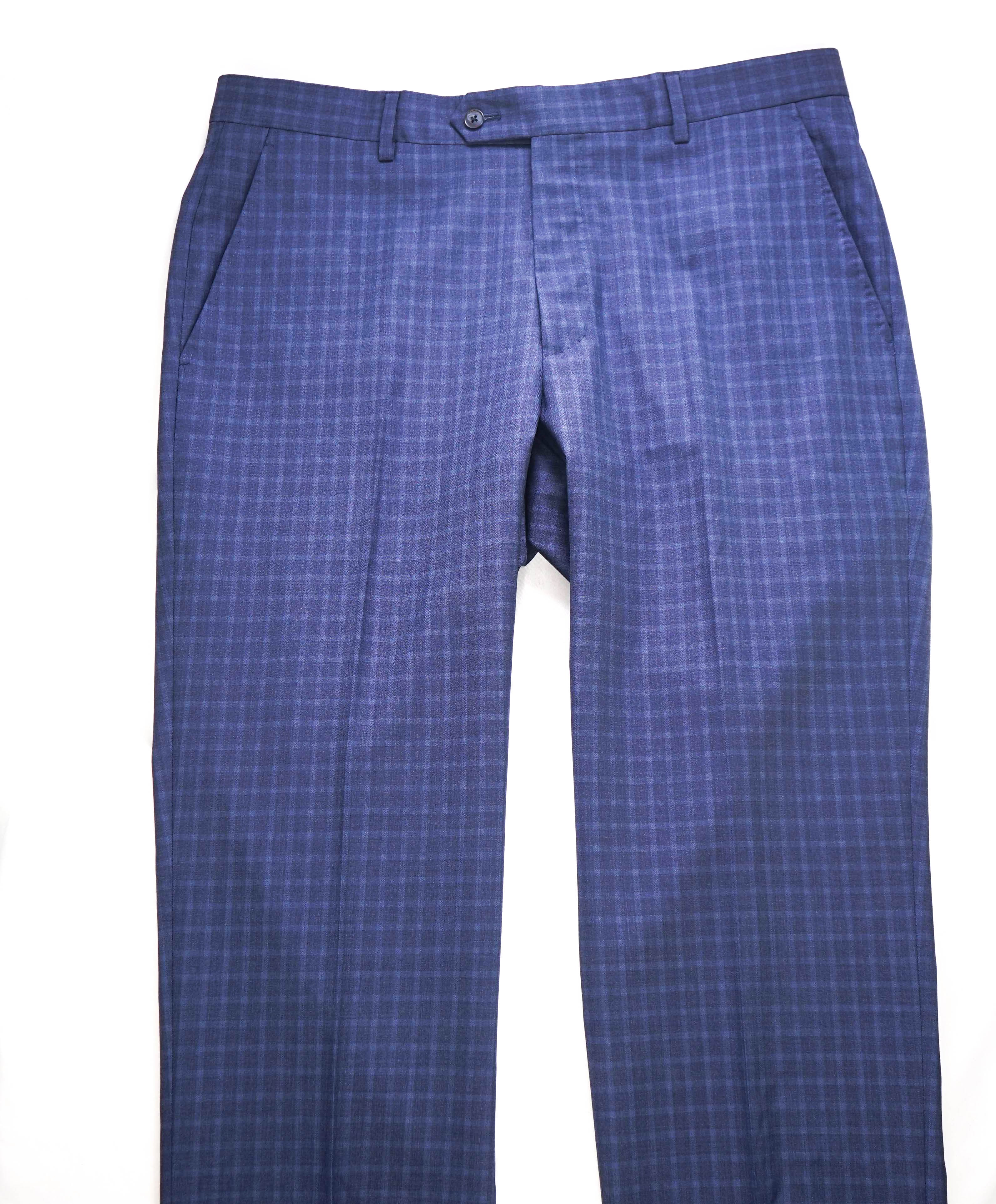 SAKS FIFTH AVE - Blue "MODERN" Check WOOL MADE IN ITALY Flat Front Dress Pants - 36W