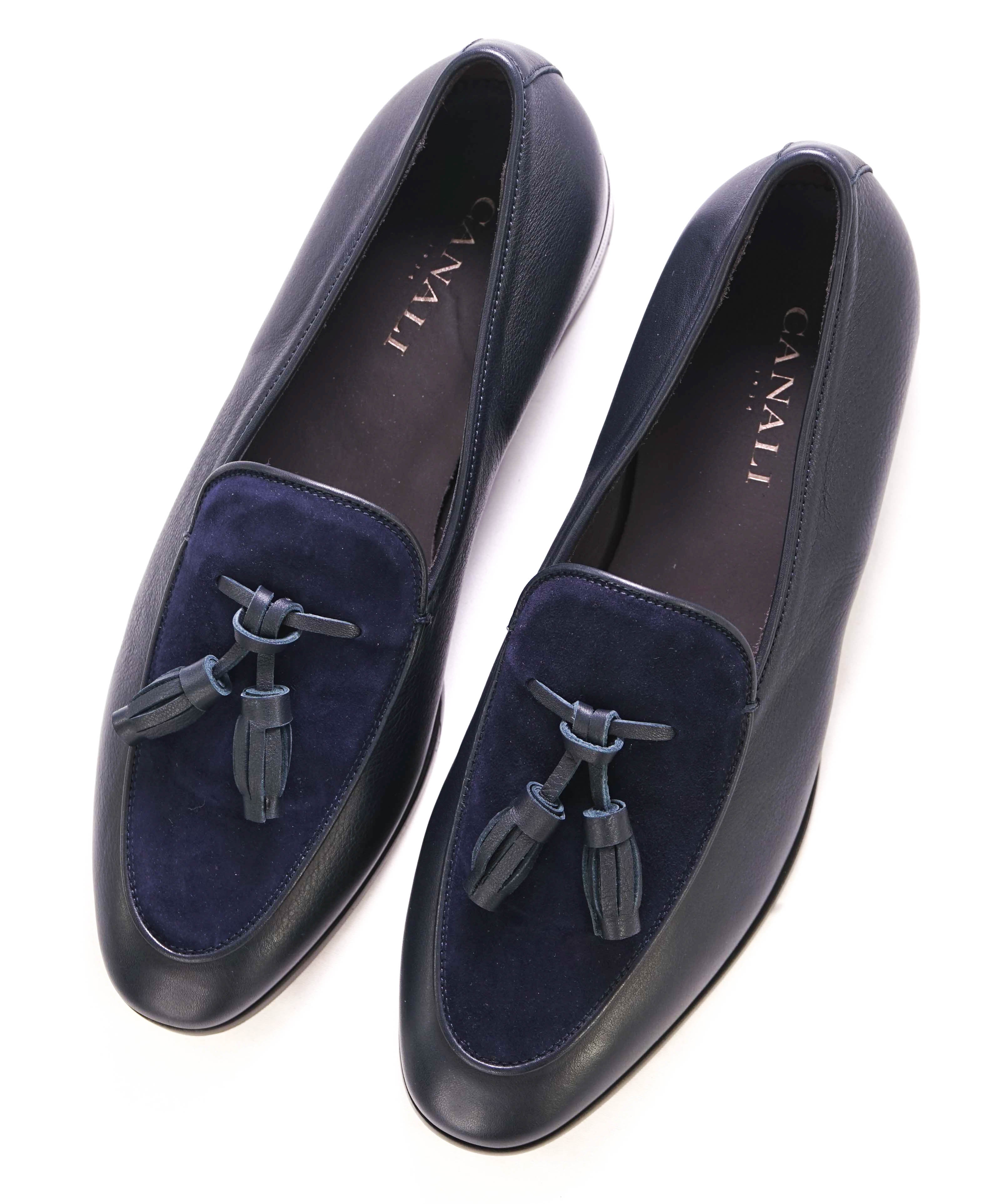 CANALI -  Hand Stitched SUEDE/LEATHER Navy Blue Tassel Loafers - 8.5 US