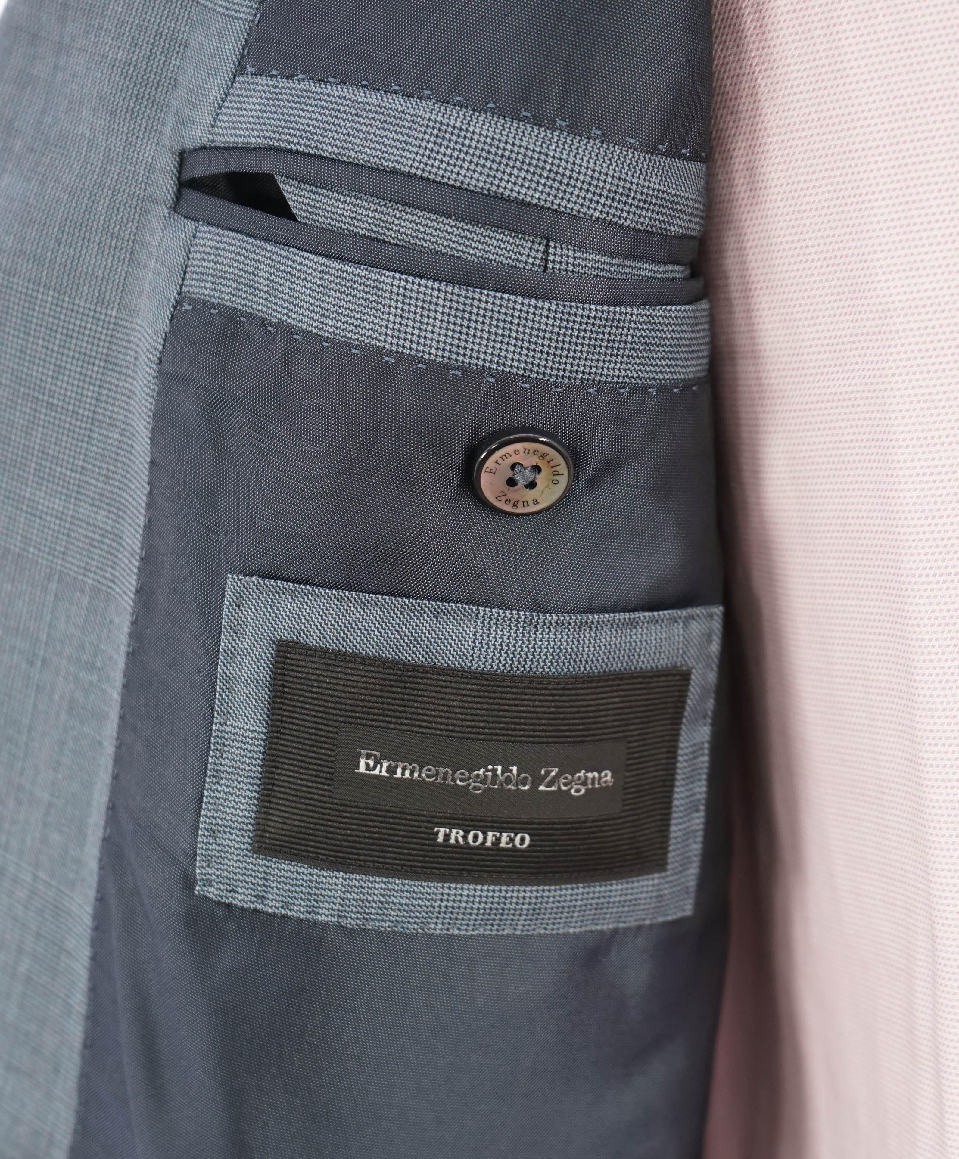 $3,250 ERMENEGILDO ZEGNA -"TROFEO" Pastel Blue Check Blazer - 42R