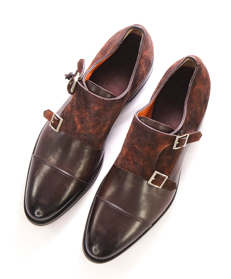 SANTONI - "GOODYEAR WELT” Museum Suede And Leather Monk Strap Loafers - 11.5