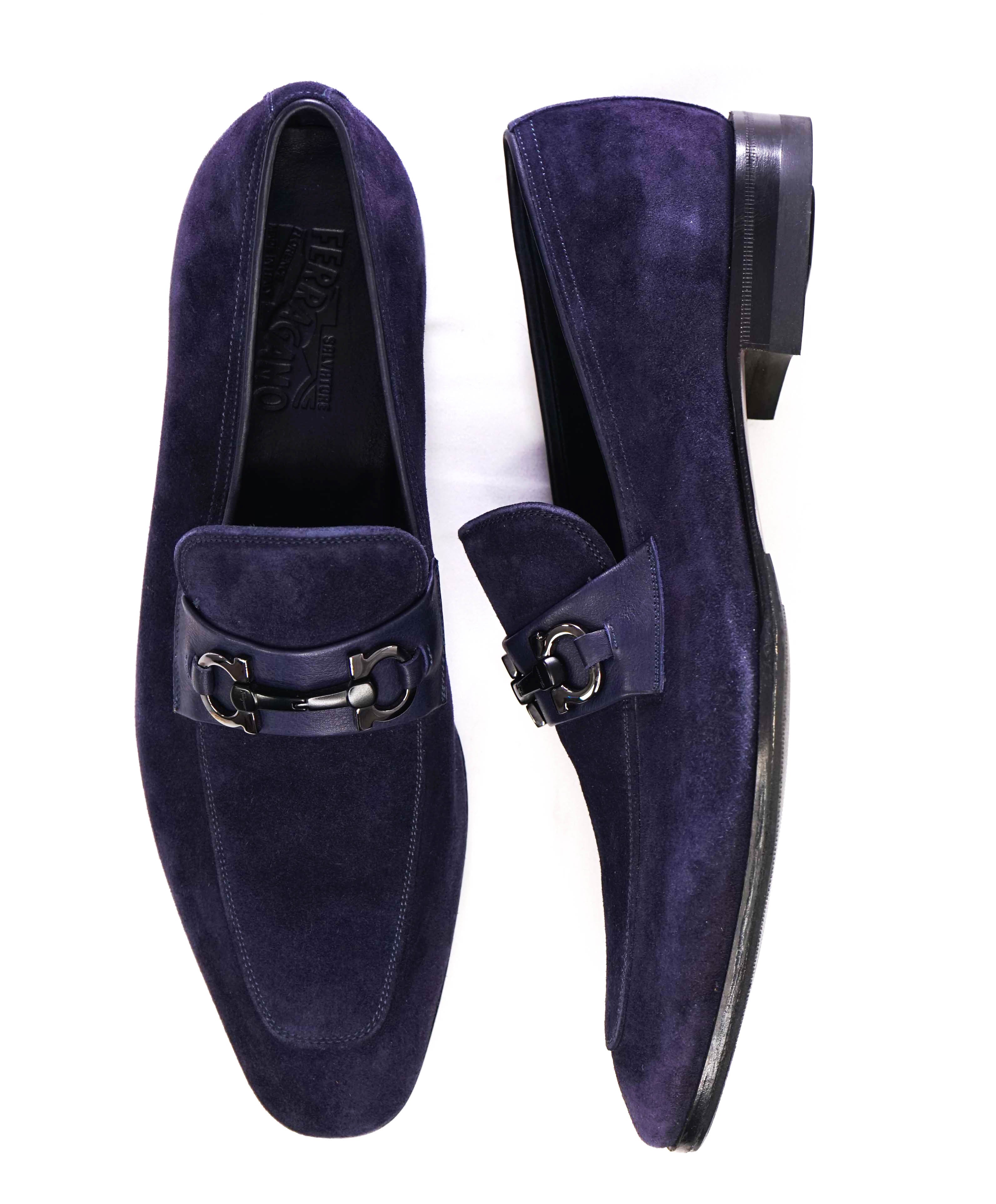 $850 SALVATORE FERRAGAMO - “CREMONA” Blue Suede Gancini Slip-On Loafer - 12 E