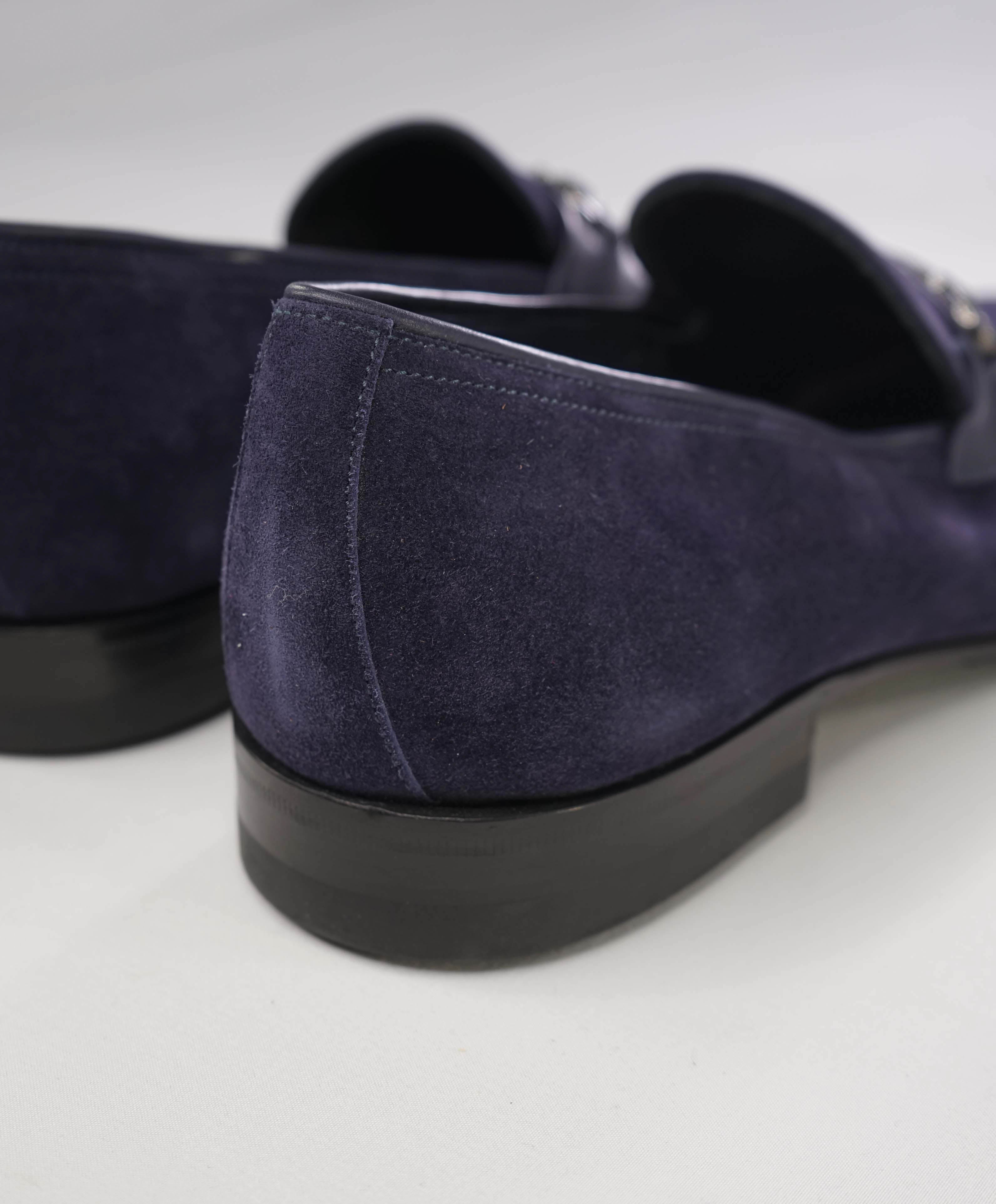 $850 SALVATORE FERRAGAMO - “CREMONA” Blue Suede Gancini Slip-On Loafer - 12 E