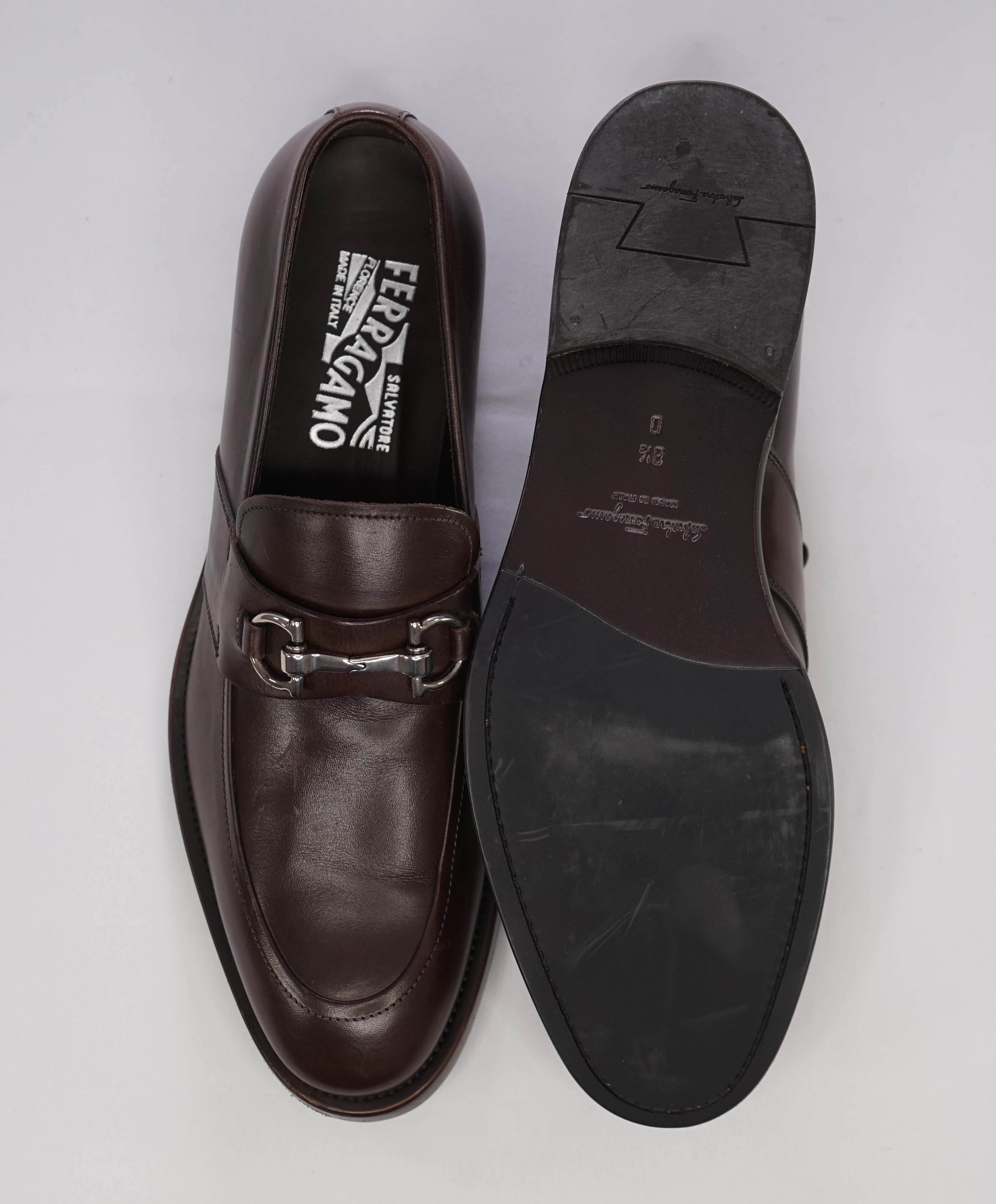 $850 SALVATORE FERRAGAMO -"Siracusa 2" Brown Gancini Leather Loafers - 8.5 D
