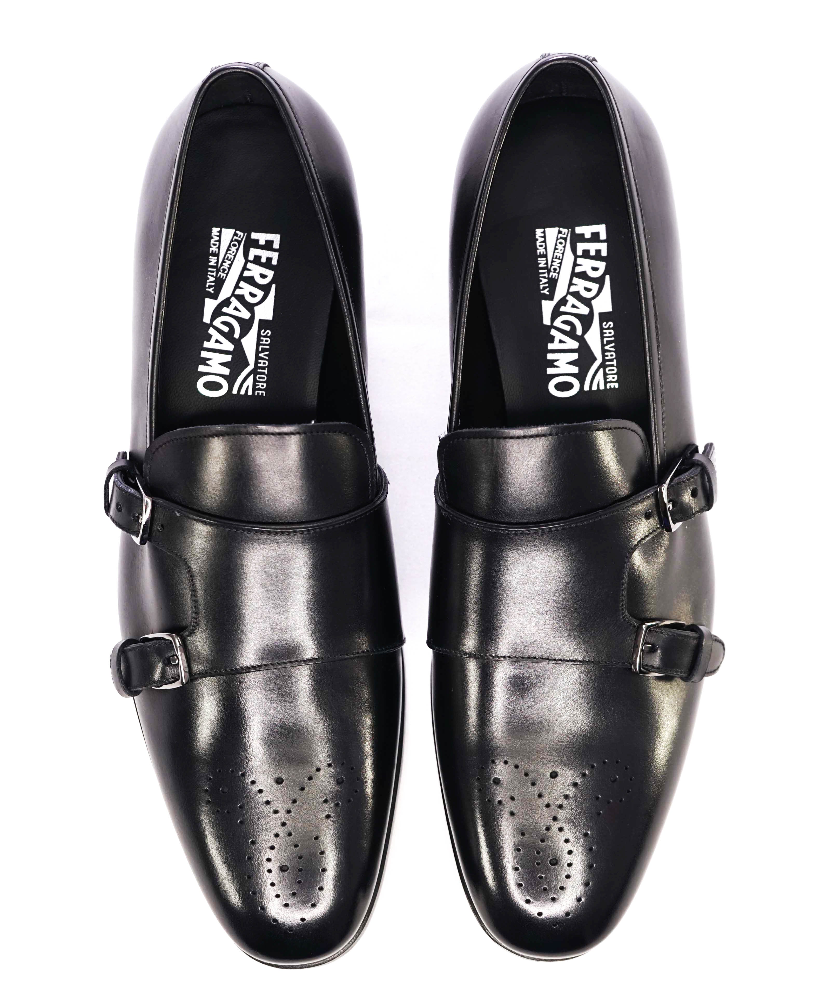 $950 SALVATORE FERRAGAMO -"Roland" Black Venetian Leather Monk Strap Loafers-10D