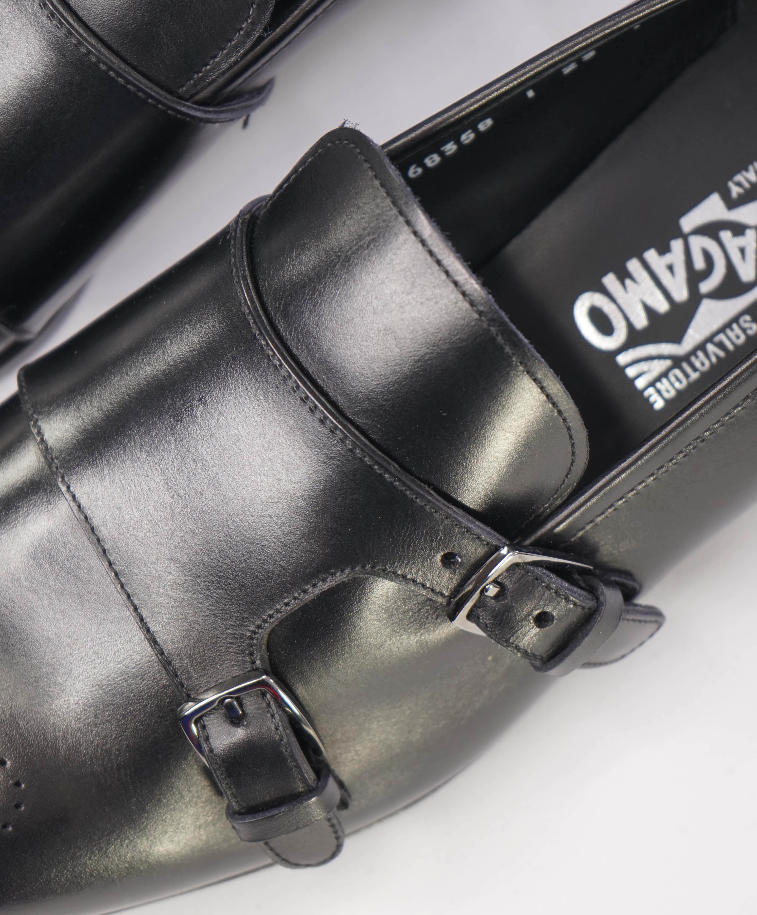 $950 SALVATORE FERRAGAMO -"Roland" Black Venetian Leather Monk Strap Loafers-10D