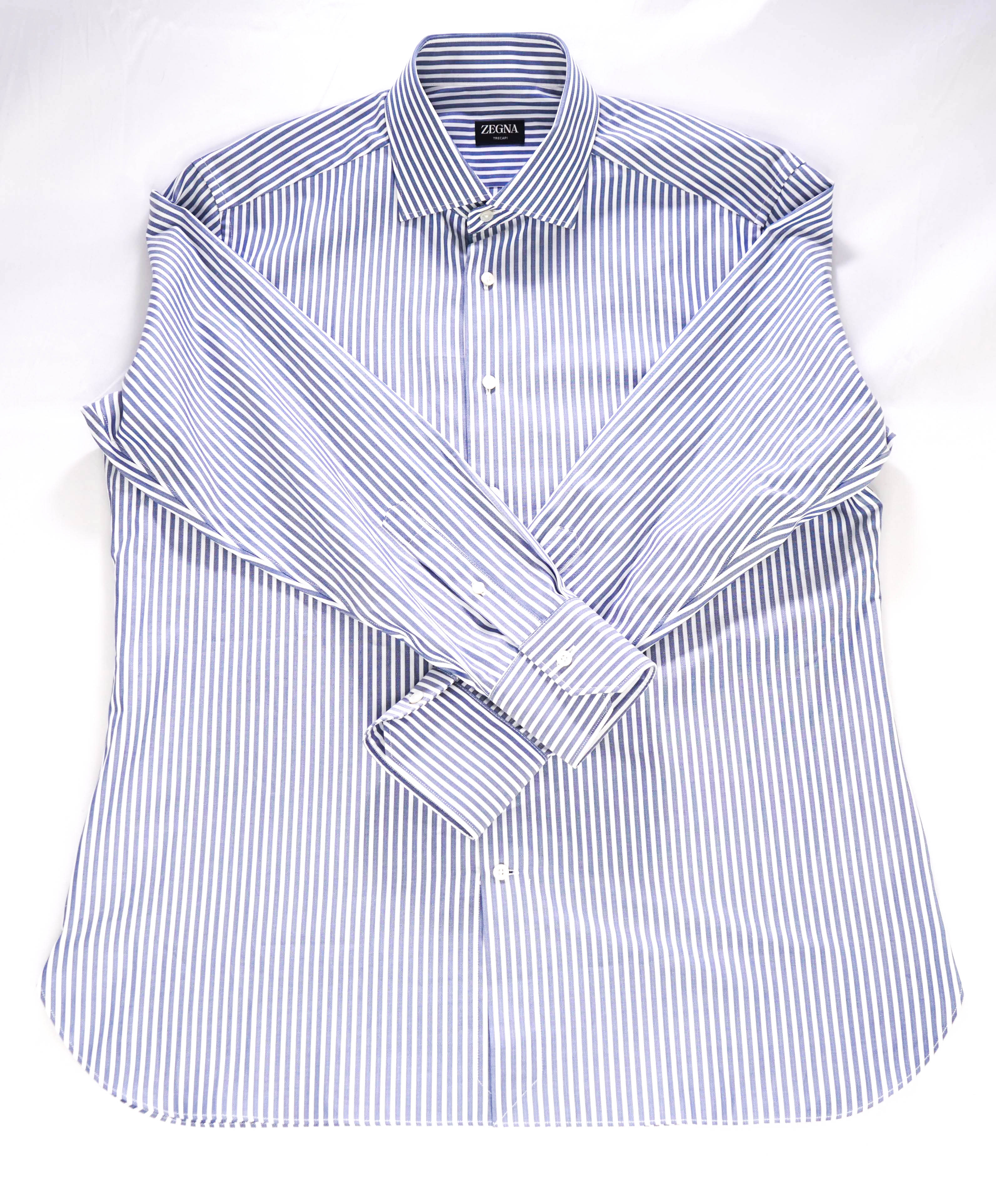 $890 ZEGNA - "TRECAPI" Milano Blue Stripe Button Down Shirt - 17.5 (44)