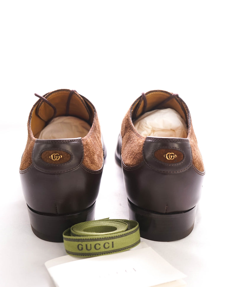 $890 GUCCI - "ADEL" Brown Mixed Leather Suede Logo Heel Oxford - 9US (8.5G)