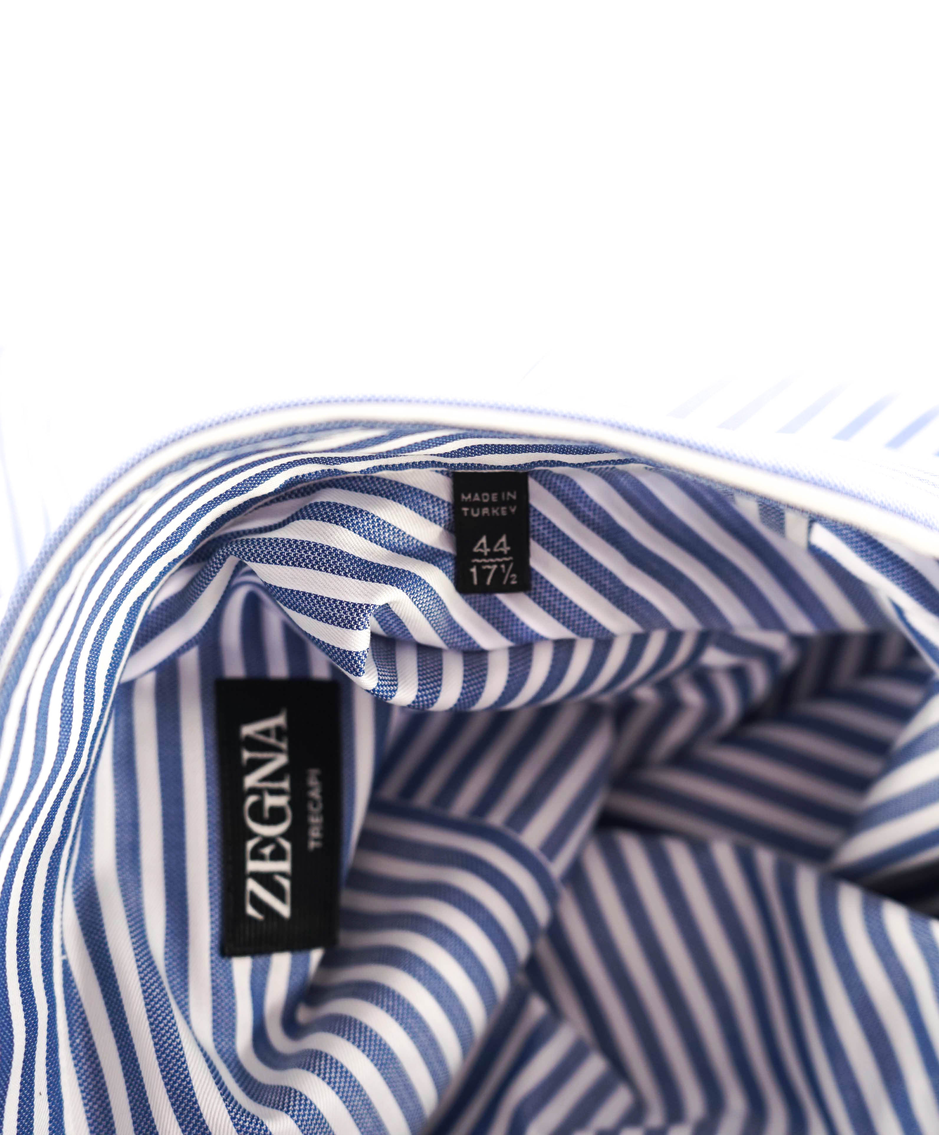 $890 ZEGNA - "TRECAPI" Milano Blue Stripe Button Down Shirt - 17.5 (44)