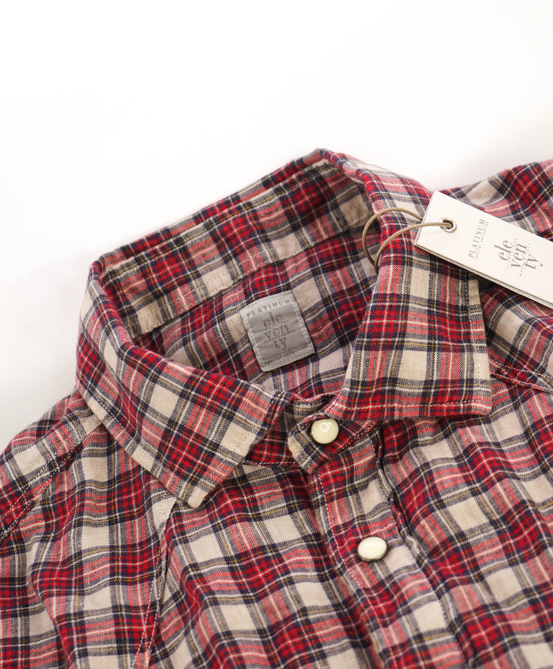 $395 ELEVENTY - Red *Snap Front* LINEN Texas Style Western Shirt - M