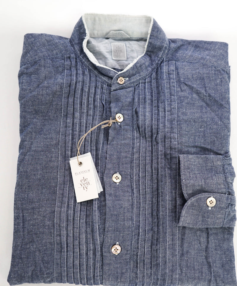 $545 ELEVENTY - Cotton *PLEATED* Blue Denim Button Down Shirt - M