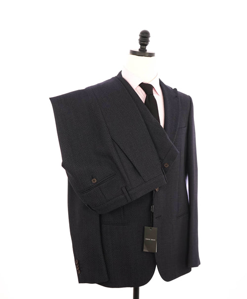 $3,795 GIORGIO ARMANI - "SOHO" Navy Peak Lapel Herringbone Suit - 40R