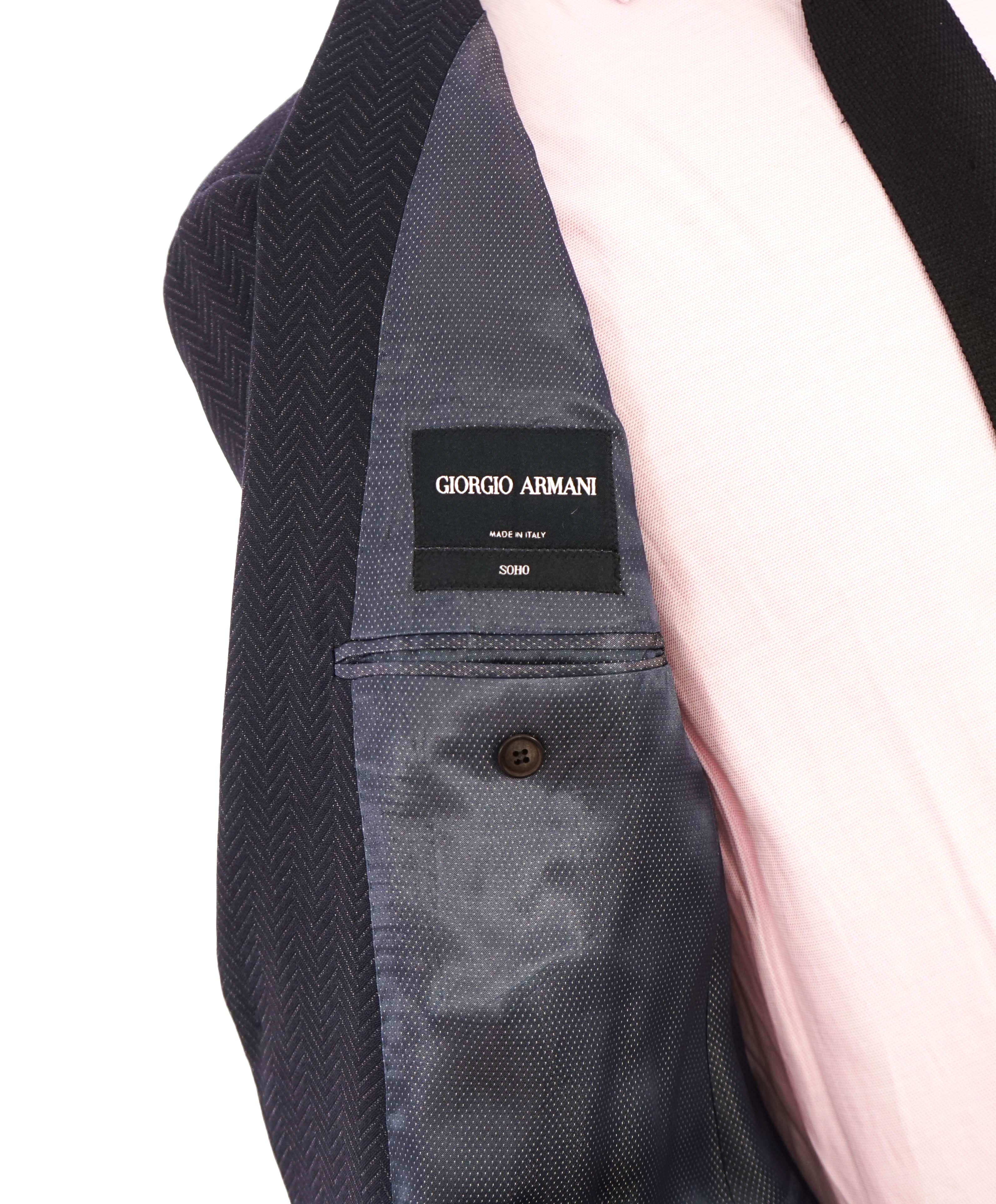 $3,795 GIORGIO ARMANI - "SOHO" Navy Peak Lapel Herringbone Suit - 42R