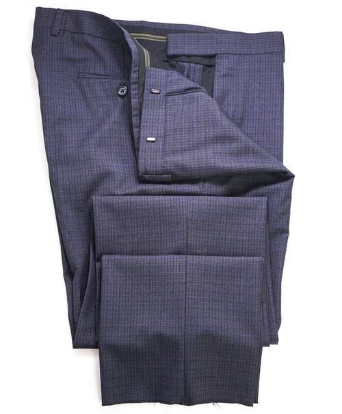 Z ZEGNA - Blue/Gray Abstract Check "SLIM" Flat Front Dress Pants - 37W