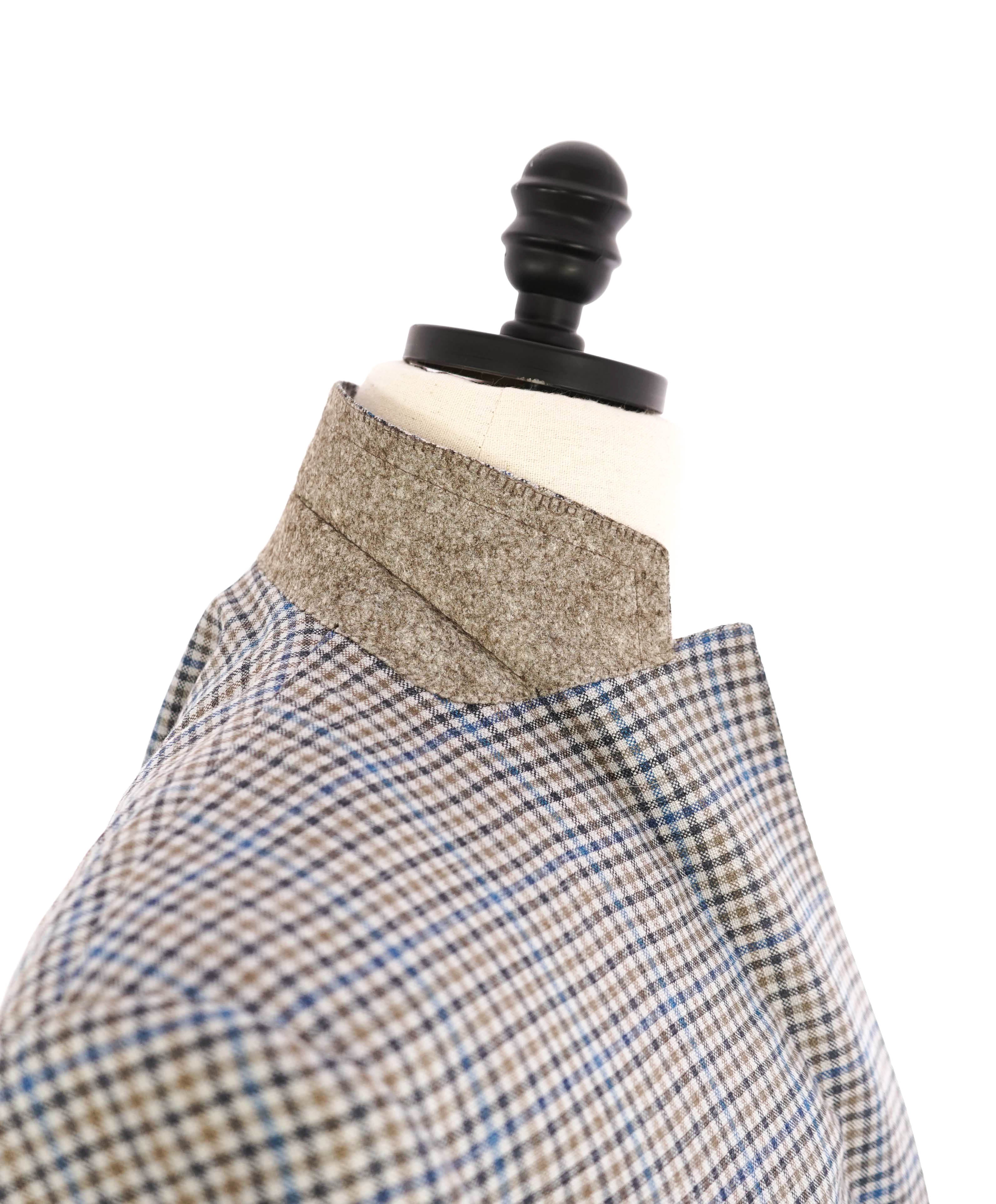 $1,895 CANALI - Tan Blue Gingham Check Lapel Blazer - 46R