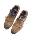 $850 SANTONI - Brown Distressed Suede Double Monk Boots - 7 US