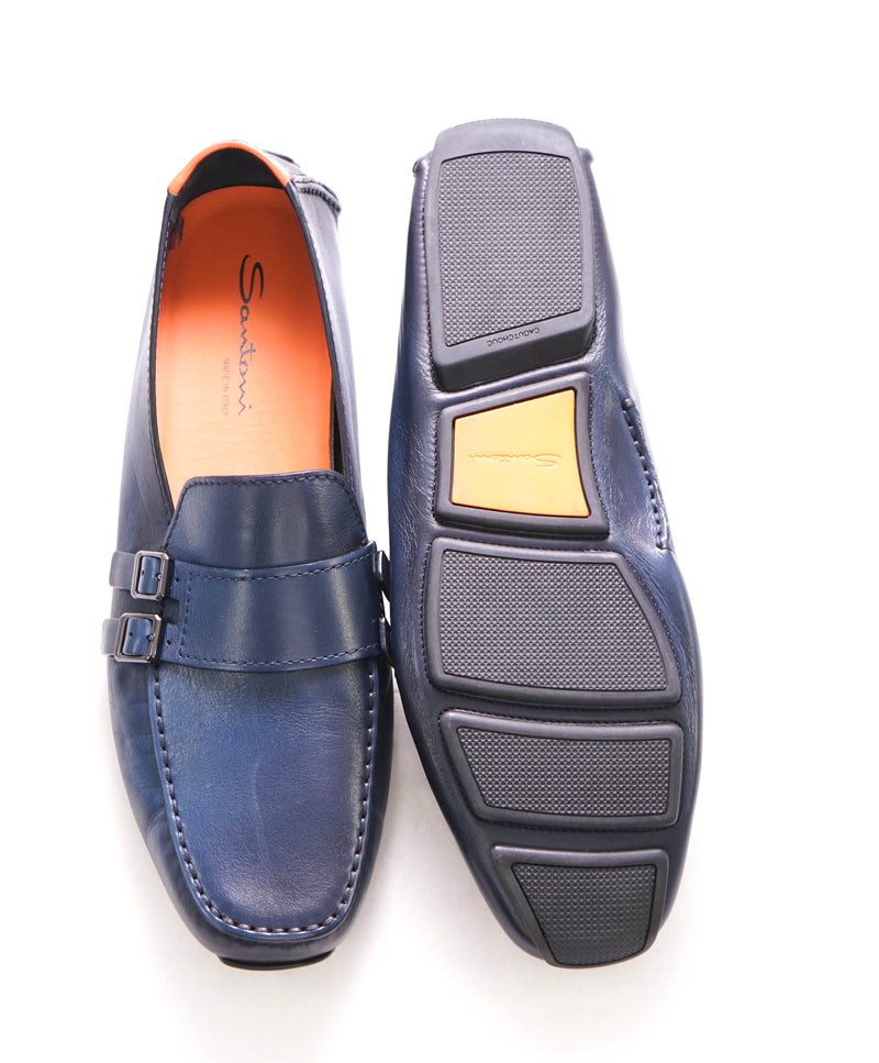 $750 SANTONI - Blue Leather DOUBLE MONK Soft Slip-On Loafers - 12 D US