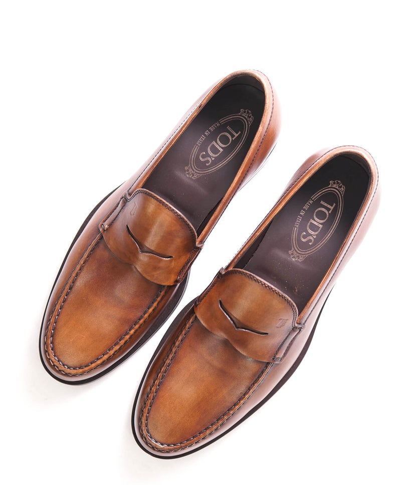 TOD’S - “Boston” Brown Patina Logo Embossed Vamp Penny Loafers - 8.5 US