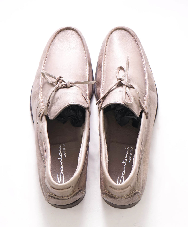 SANTONI - Gray Tie Front Leather Unlined Venetian Loafers - 11