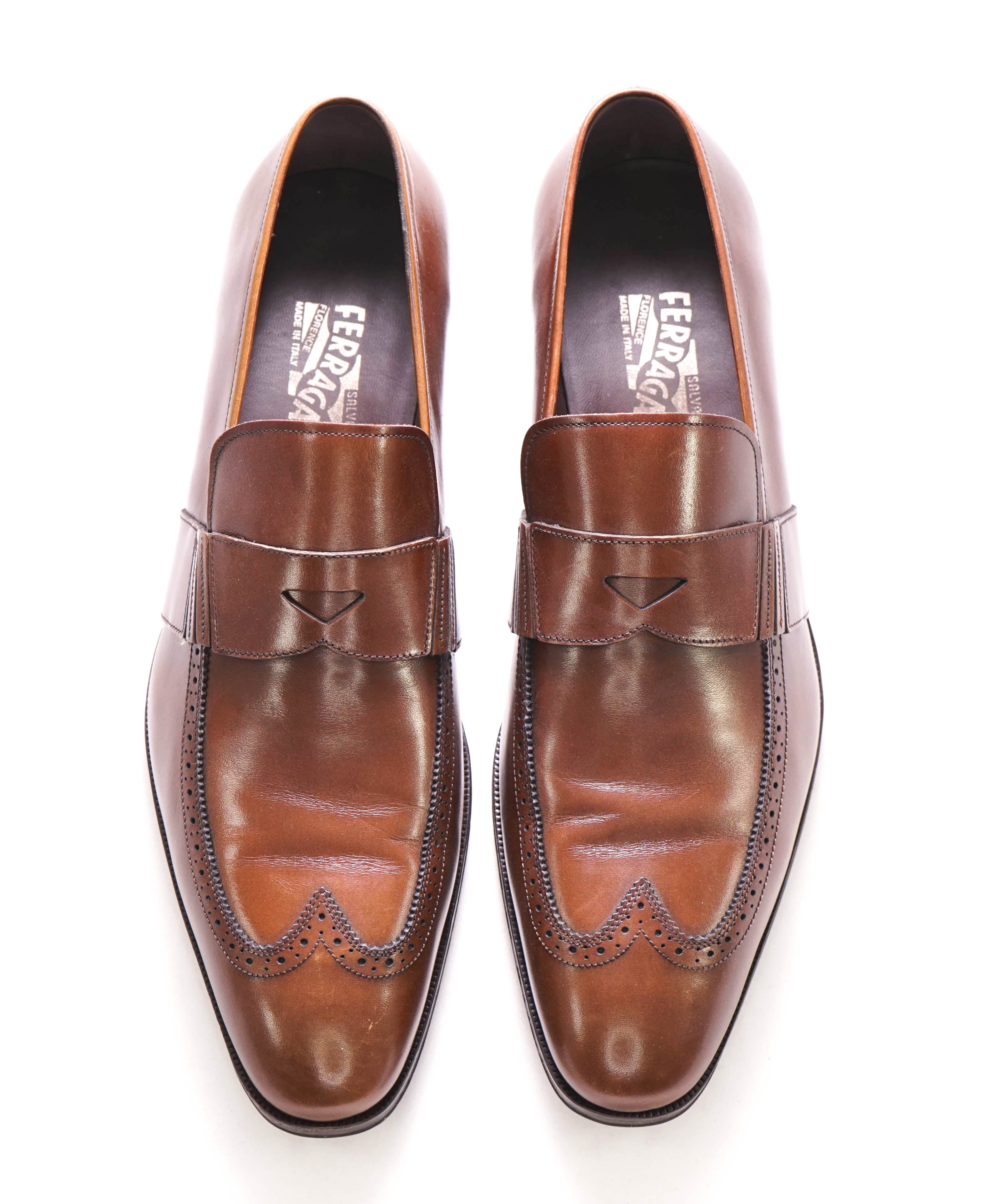 $750 SALVATORE FERRAGAMO - Brogue Brown Leather Penny Loafer- 12D