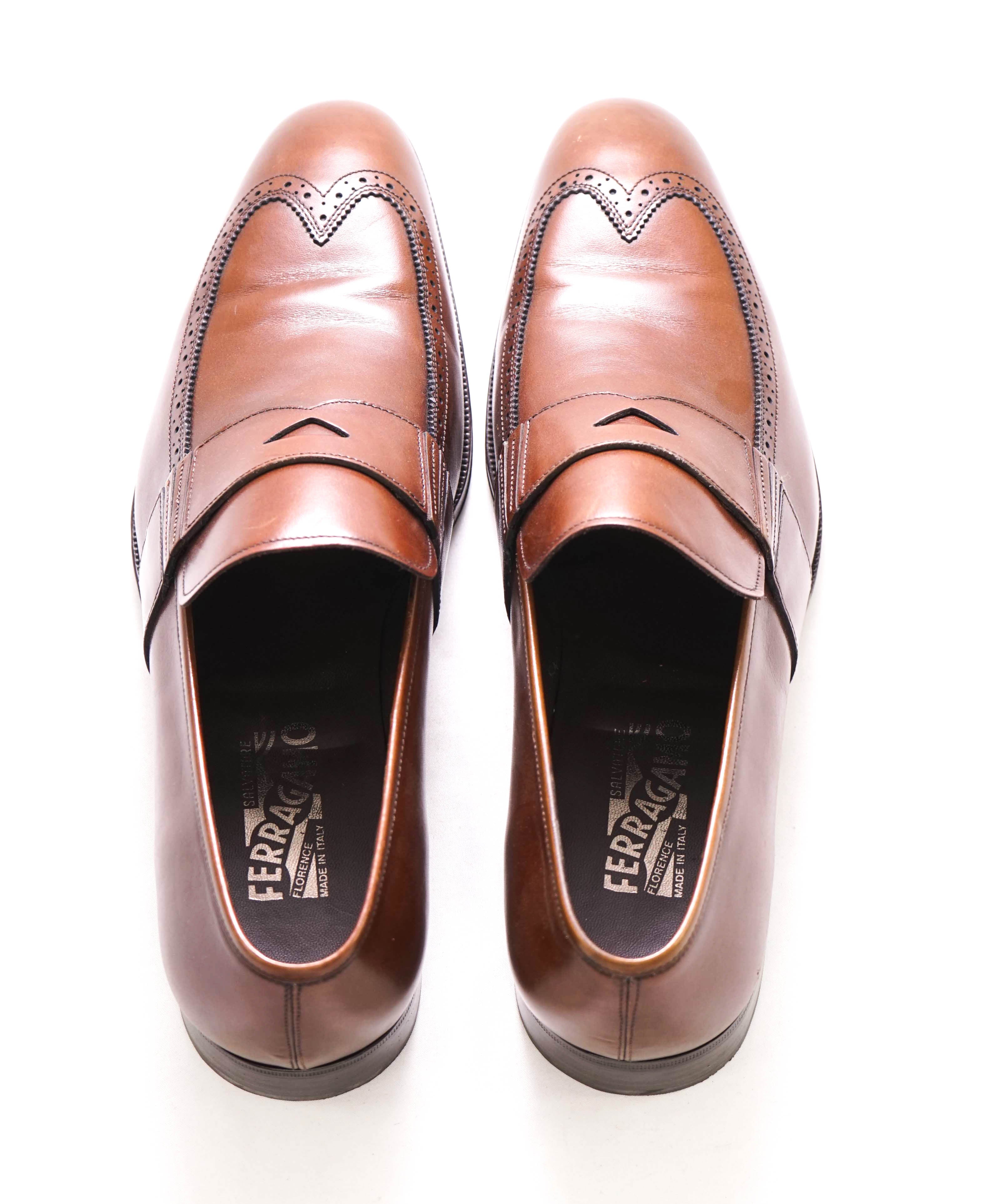 $750 SALVATORE FERRAGAMO - Brogue Brown Leather Penny Loafer- 12D