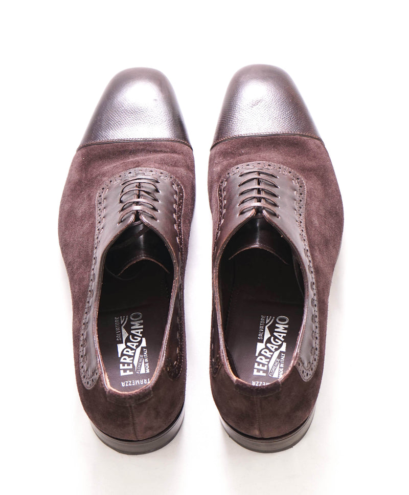 $1,250 SALVATORE FERRAGAMO - "TRAMEZZA" Burgundy Mixed Media Oxford - 9.5 E US