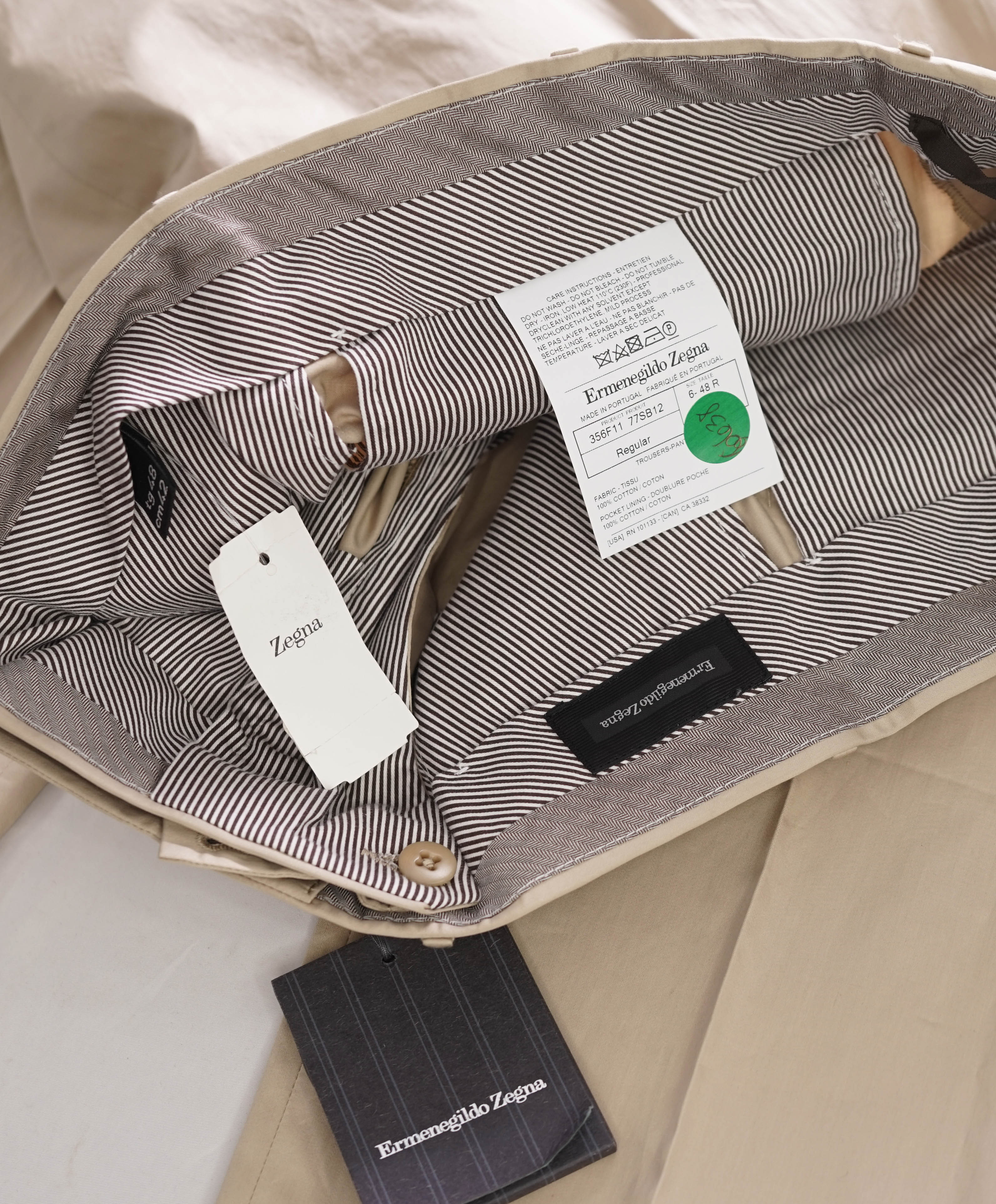 ERMENEGILDO ZEGNA - Beige Cotton Chino Flat Front Pants - 32W
