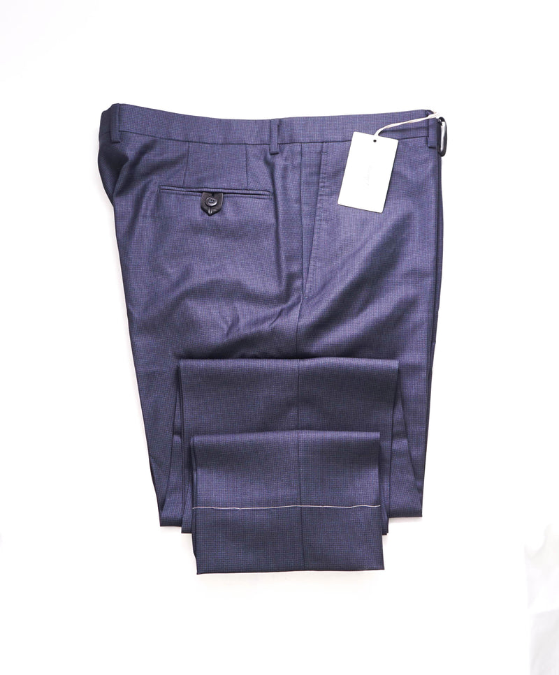 $1,250 BRIONI - SUEDE ACCENTS Blue Wool Micro Check Dress Pants- 40W